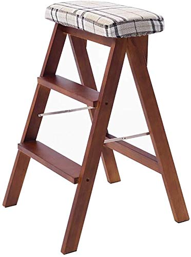 KAZUP 3-Step Foldable Wooden Step Stool with Striped Sponge Seat - Indoor Climbing Stool, Ladder Chair for Kitchen, Dining Room, and Home Use - Perfect for Reaching High Shelves and Storage Spaces