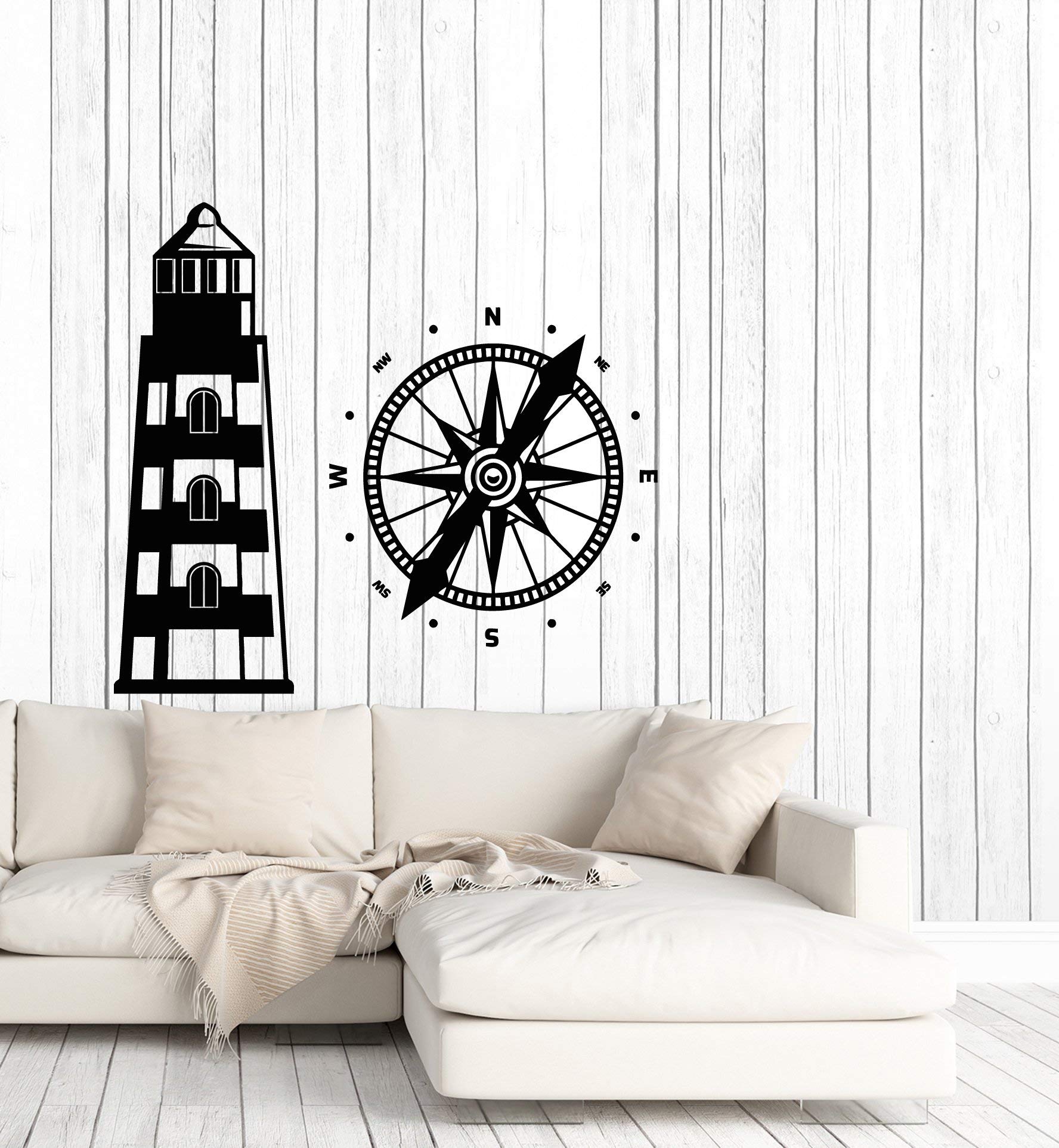 Large Vinyl Wall Decal - Lighthouse Beach House Nautical Decor with Compass Design - Removable Sticker Mural (Black) for Living Room, Bedroom & Office Wall Art