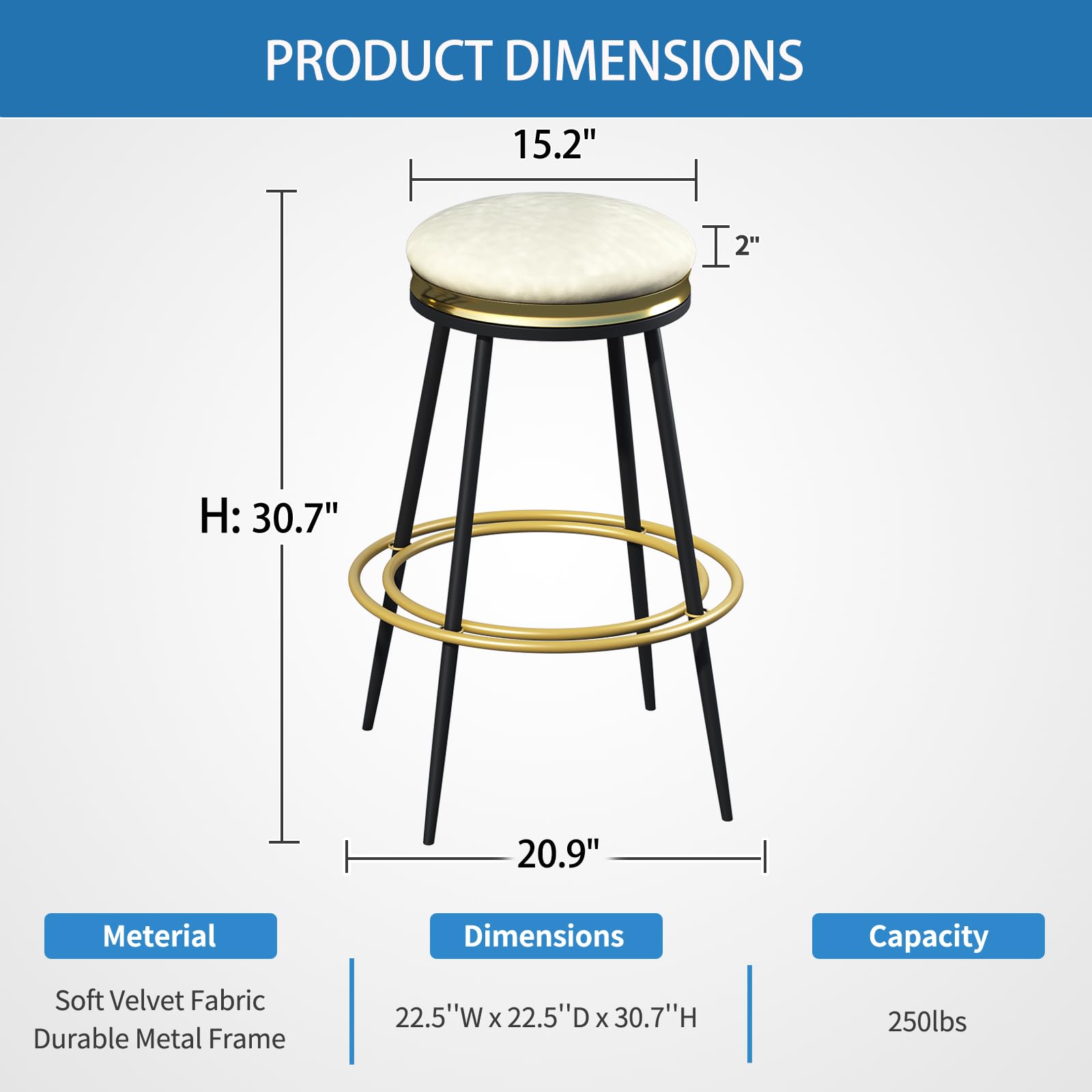 O&K FURNITURE Set of 2 Modern Velvet Swivel Bar Stools with Footrest - 24