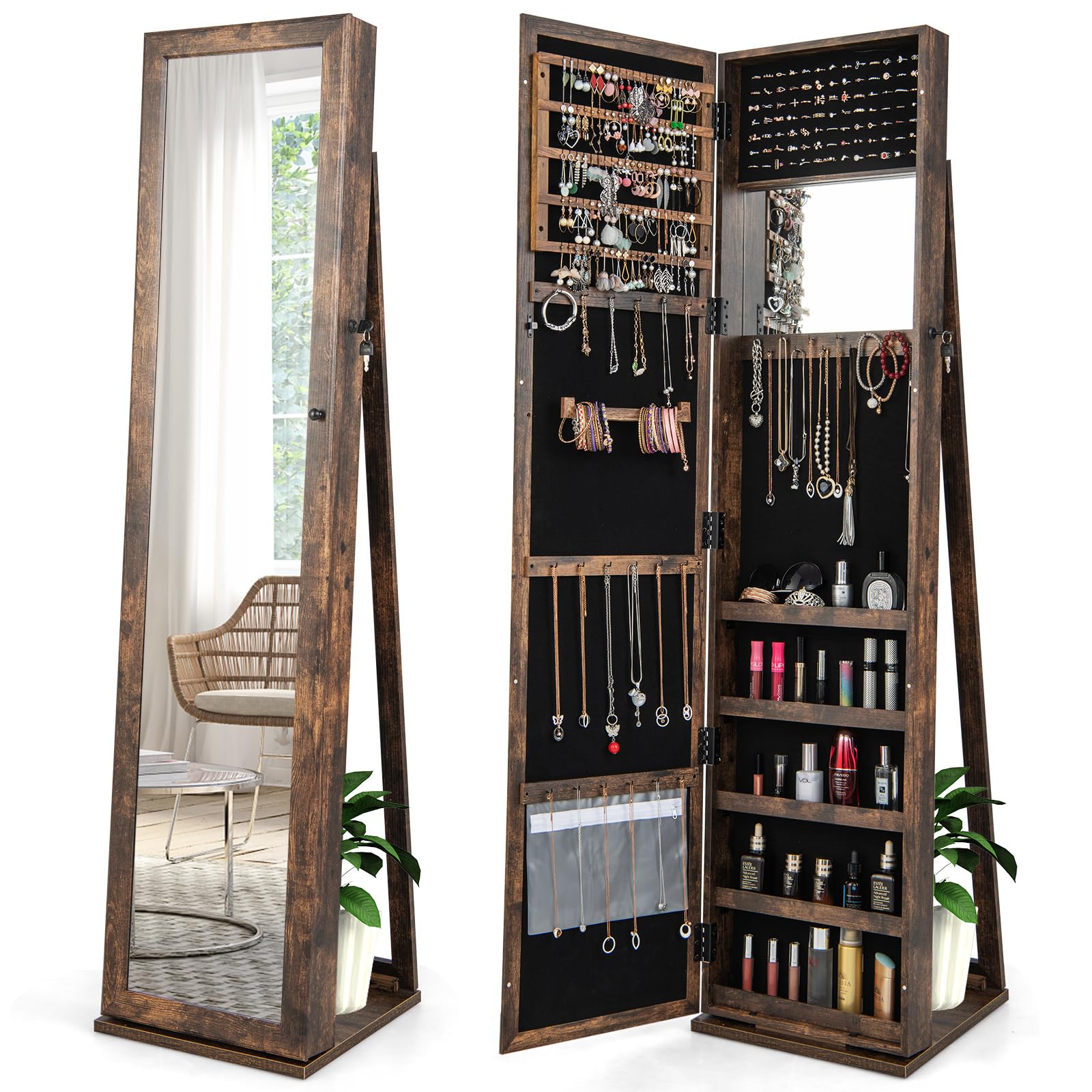 COSTWAY Standing Jewelry Cabinet with Full-Length Mirror - Large Capacity Jewelry Organizer with Lockable Doors & Rear Storage Shelves, Rustic Brown Jewelry Armoire for Women & Girls - Perfect for Bedroom, Closet & Dressing Room Organization