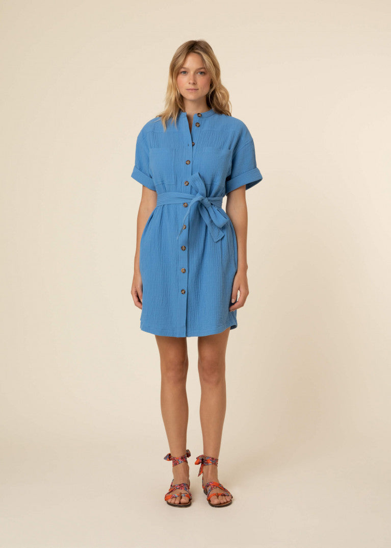 Women's Stylish Blue Fanny Shirt Dress - Casual Button Down Tunic Top with Pockets for Travel, Work & Everyday Wear
