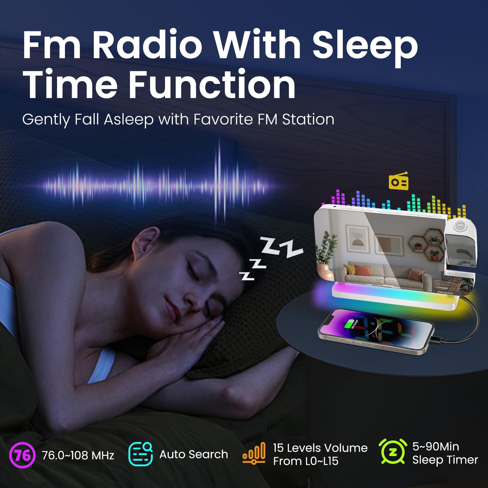 Digital Projection Alarm Clock with LED Mirror Display - 180° Rotatable Projector, RGB Night Light, USB Charger, Auto Dimmer & Snooze Function | Perfect for Bedrooms, Home Office & Travel (White)