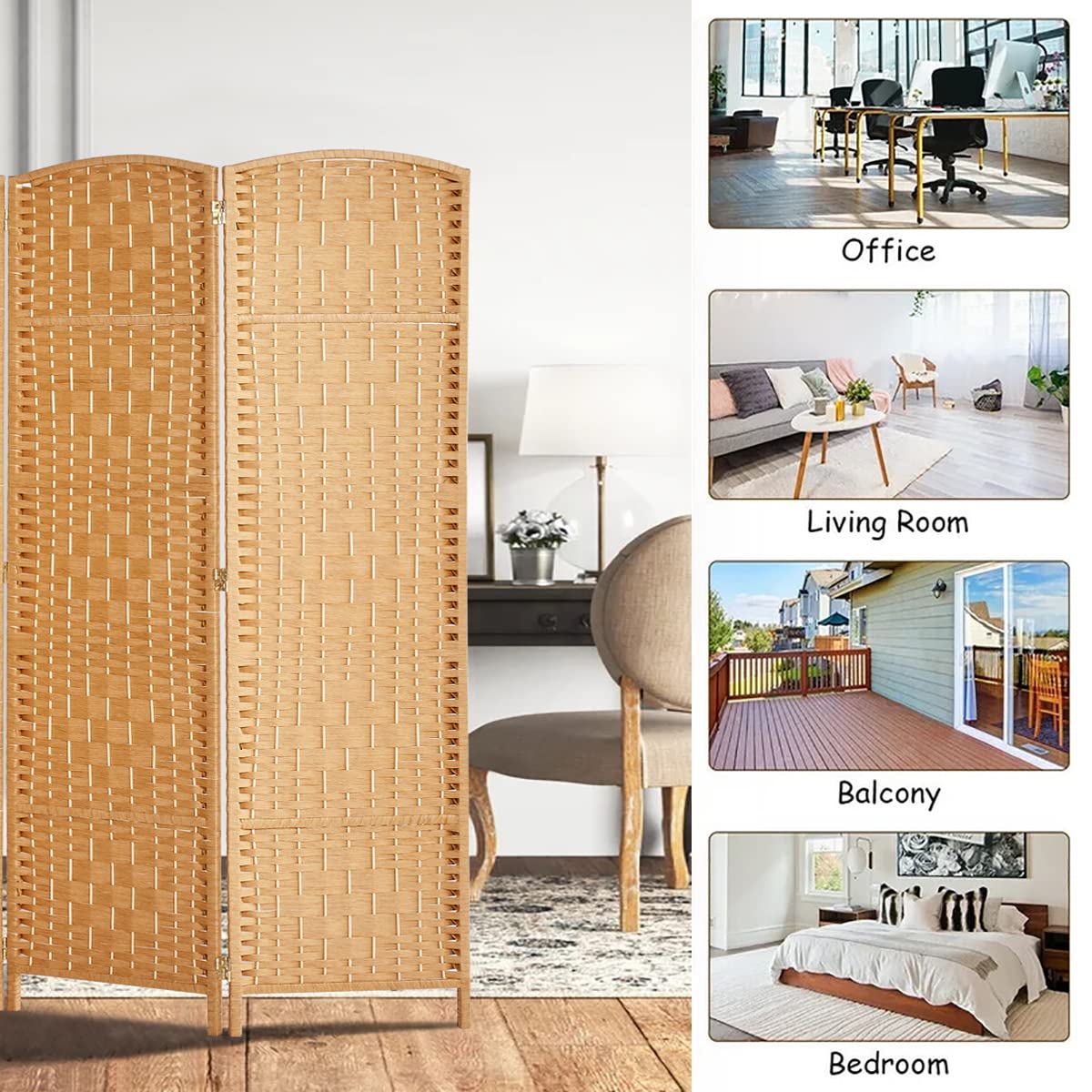 6 ft. Tall Extra Wide Diamond Weave Fiber Room Divider Screen - Light Beige 4 Panel Folding Partition for Home, Office & Event Spaces - Privacy Screen & Decorative Room Separator