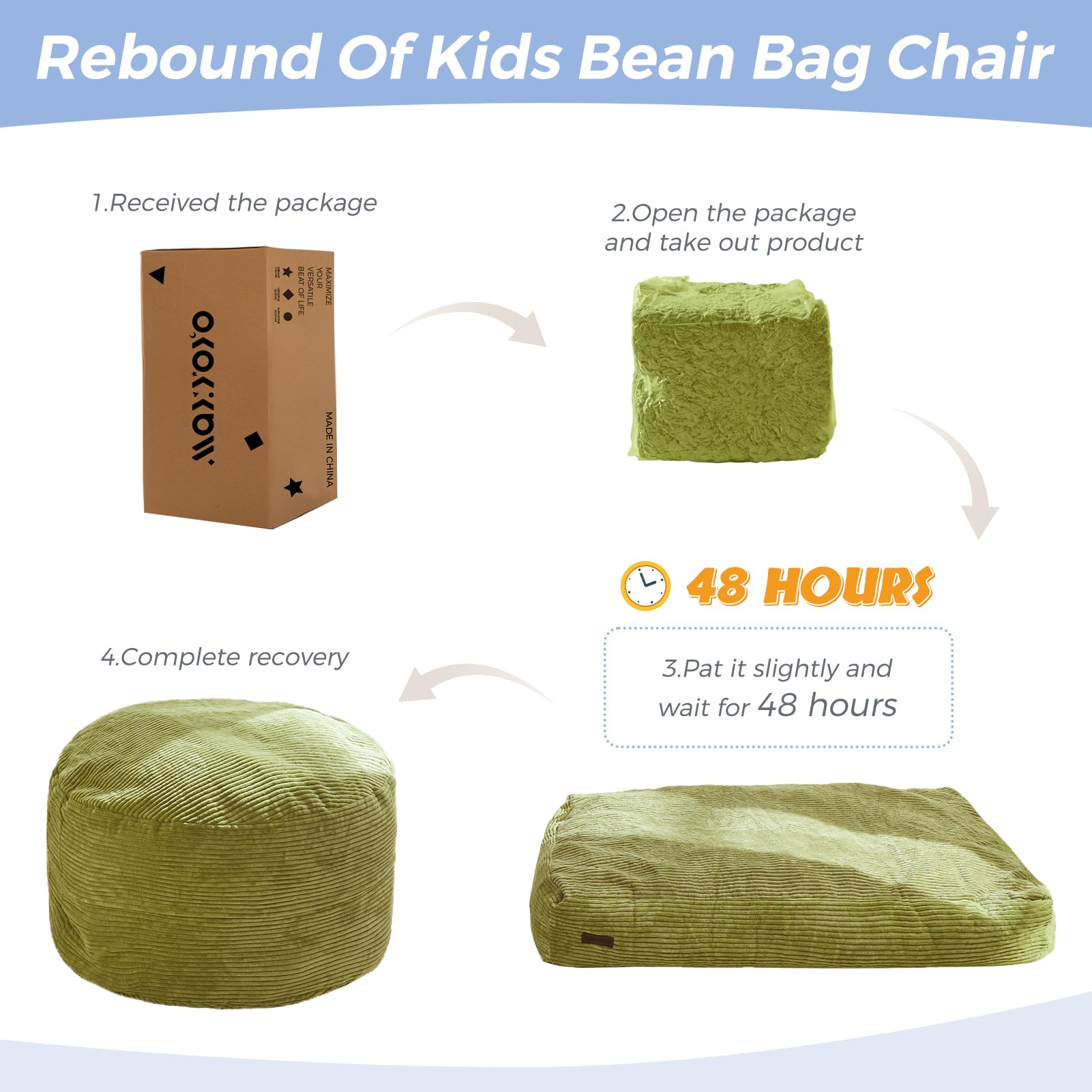 MAXYOYO Kids Corduroy Bean Bag Chair - Convertible to Floor Mattress | Green Soft Lounge Chair for Bedroom, Playroom & Dorm | Comfortable Reading Nook & Gaming Seat
