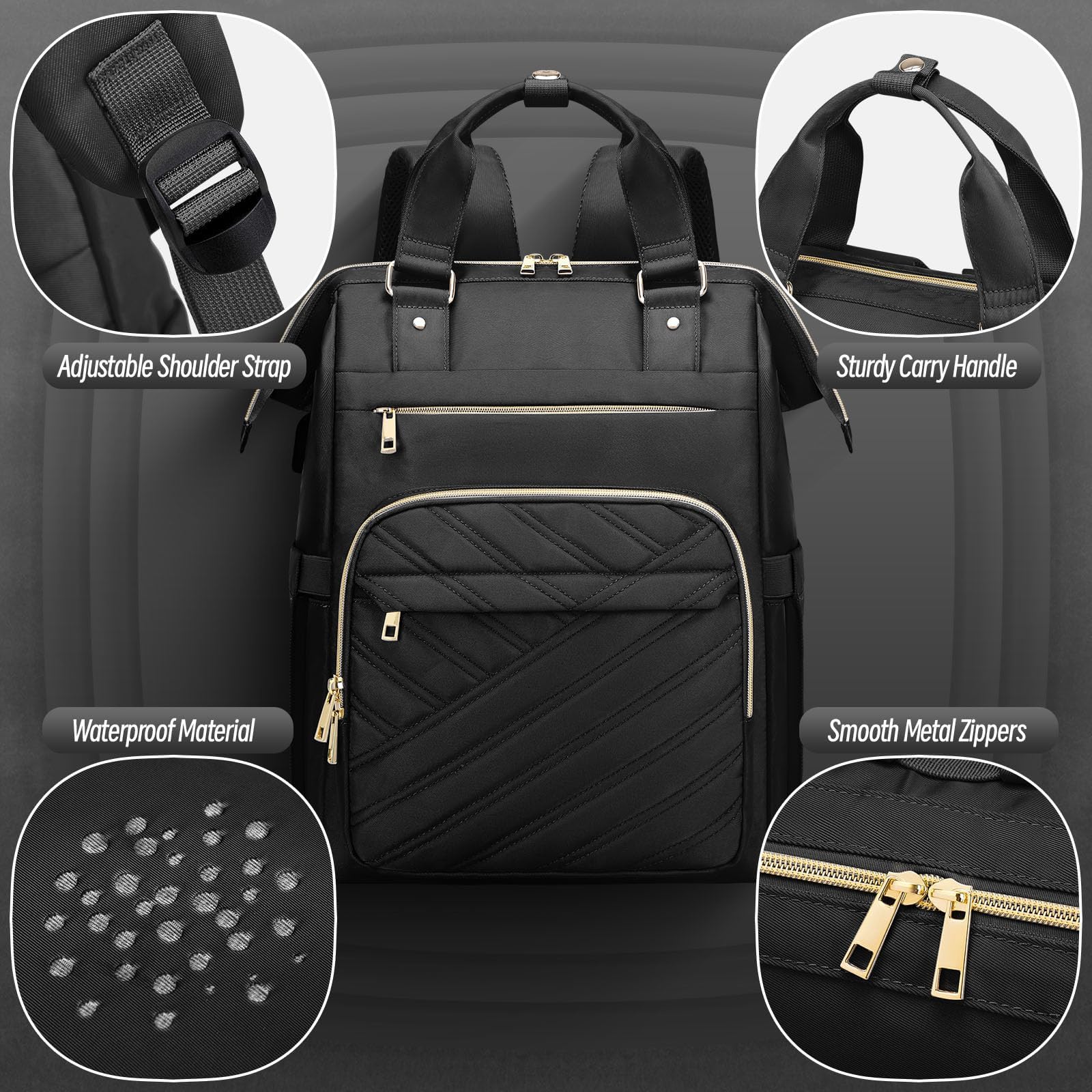 17.3 Inch Women's Laptop Backpack - Stylish Waterproof USB Charging Backpack for College, Work & Travel - Teacher Nurse Daypack Purse with Multiple Pockets (Black) - Perfect for Commuting, Campus & Business Trips