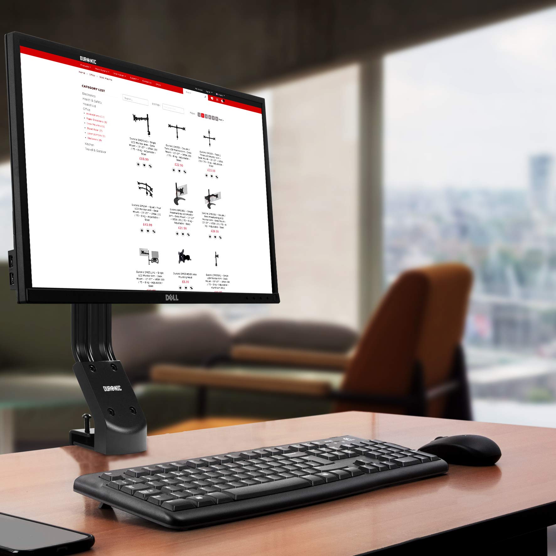 Duronic DM12X1 Low Profile Monitor Arm Stand - Single LCD LED Desk Mount Bracket for 17-30 Inch Screens with 360° Rotation & ±15° Tilt - Perfect for Home Office, Gaming & Workspace Ergonomics