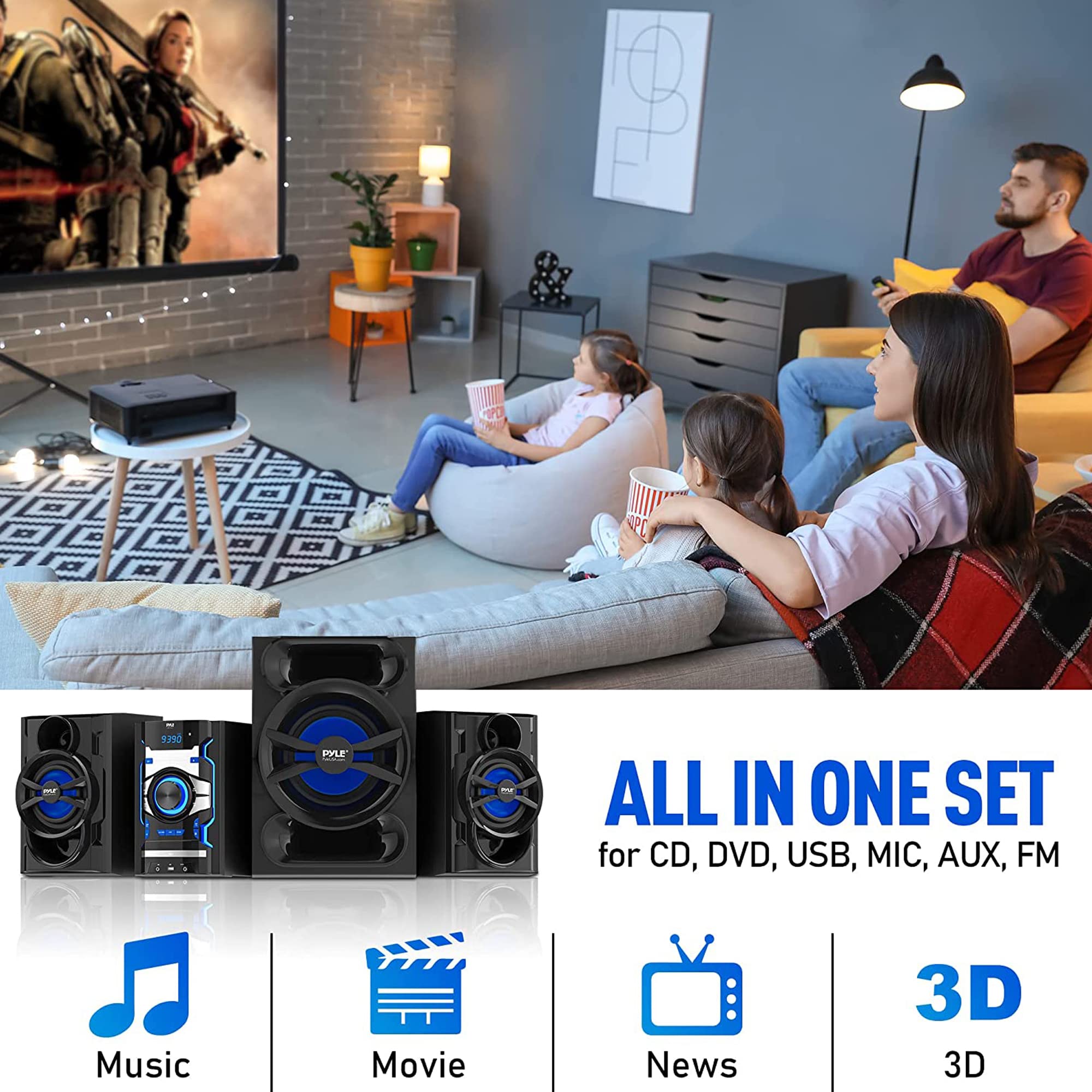 Pyle 3-Piece Wireless Bluetooth Stereo System - 1000W Home DVD Shelf System with DVD Player, MP3, USB, FM Radio, Bass Reflex Speakers & Remote - Compact Portable Audio for Living Room, Bedroom & Parties (PHSKR14.5)