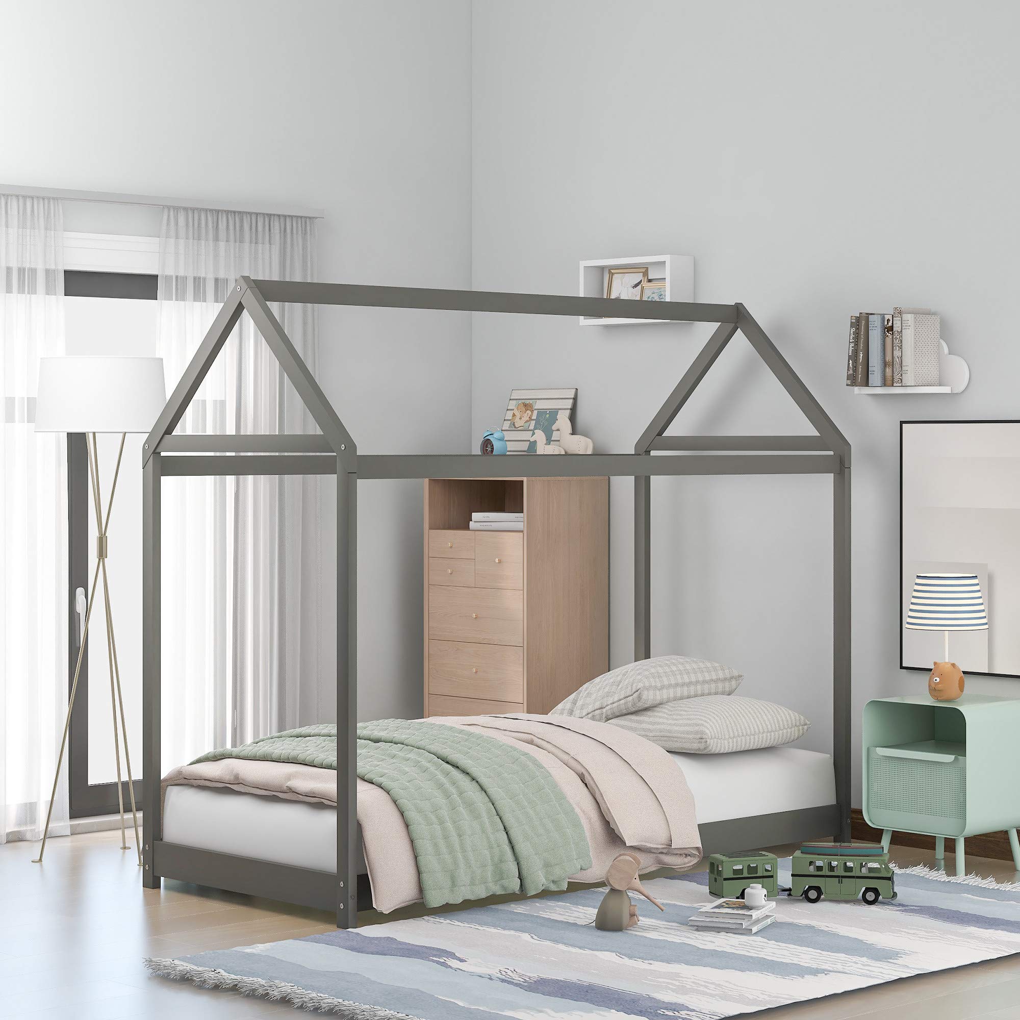 **Premium Twin Size House Bed Frame for Kids - Solid Wood Toddler Tent Bed with Roof, No Box Spring Needed - Perfect for Boys, Girls, Teens, Bedroom or Guest Room (Grey) - Ideal for Playrooms, Sleepovers & Cozy Bedtime Stories**