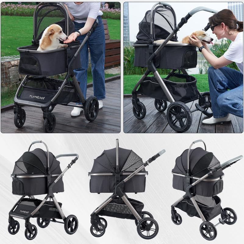 Premium Pet Stroller for Small & Medium Dogs & Cats - 4-Wheel Travel System with Carrier, Zipperless Entry, Cup Holder & Storage Basket - Perfect for Outdoor Walks, Vet Visits & Shopping Trips
