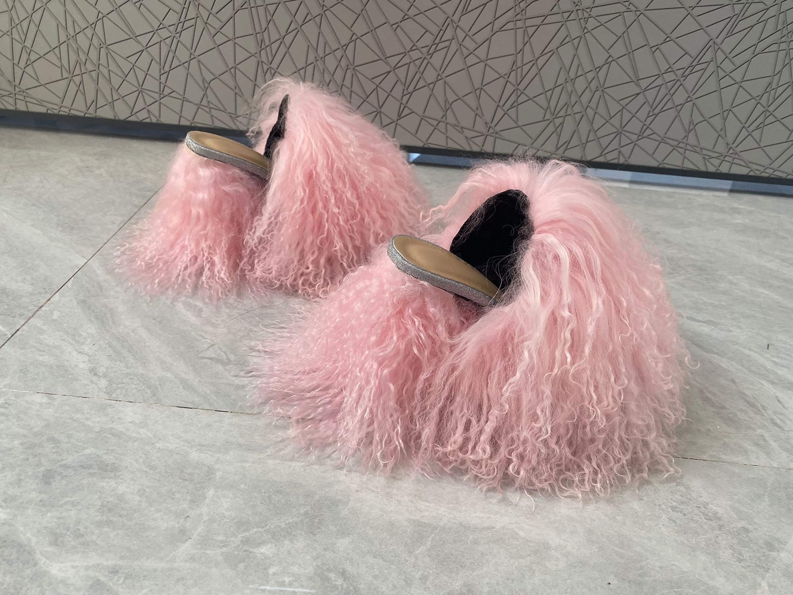 RSN3 Women's Summer High Heel Peep Toe Sandals with Genuine Mongolian Sheepskin Curly Fur - Fashionable Slippers & Slides for Ladies, Girls Parties, Nightclubs, Shopping & Summer Outfits - Comfortable Dress Shoes for Weddings, Beach Vacations & Date Nights (Size 7, Green)