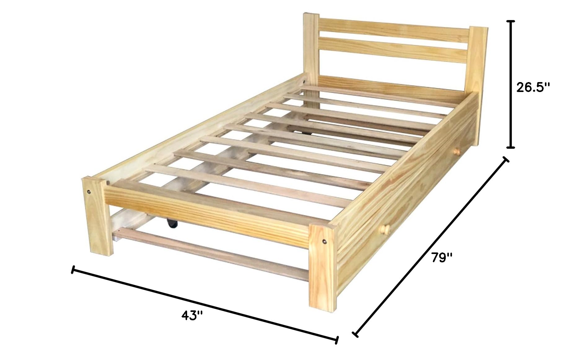 Natural Pine Twin Bed with Trundle - Solid Pine Wood Bed Frame with Hardwood Slats | Sturdy Kids Bed for Boys & Girls | Perfect for Small Bedrooms, Guest Rooms & Dormitories