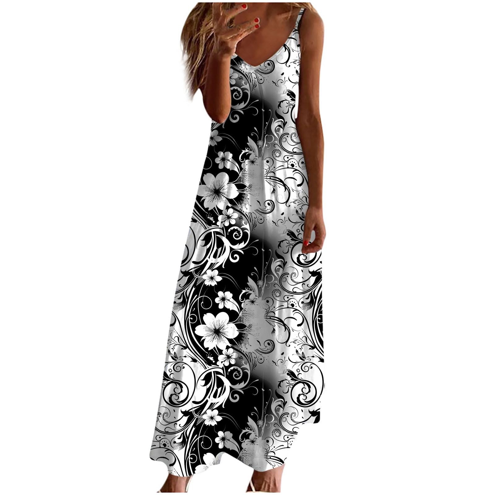 Women's Sleeveless V-Neck Maxi Dress with Ruffle Detail - Lightweight Floral Boho Summer Dress 2024 | Perfect for Beach Vacations, Outdoor Parties & Casual Wear