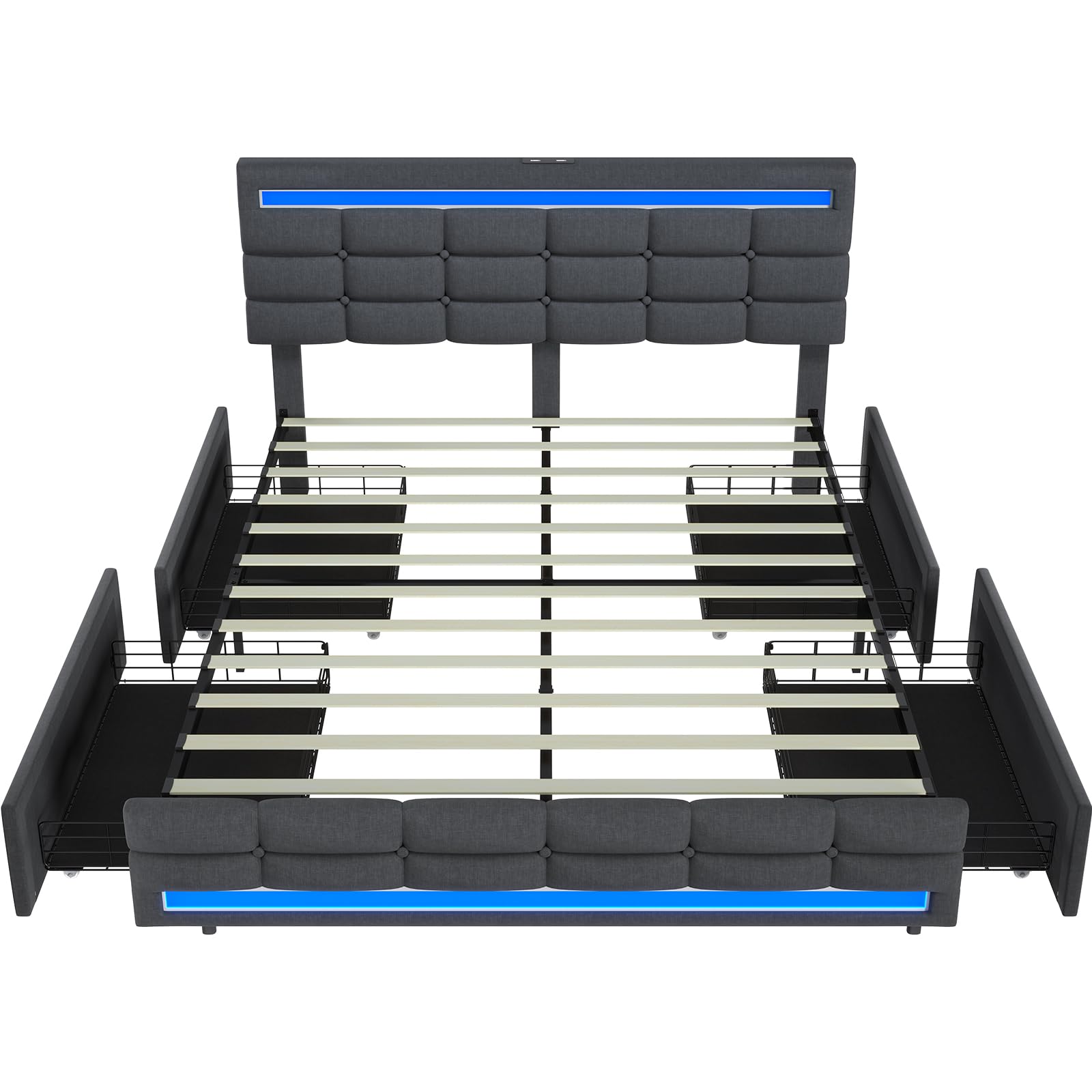 ADORNEVE Queen LED Bed Frame with 4 Storage Drawers & 2 USB Ports - Upholstered Platform Bed with Illuminated Headboard & Footboard, No Box Spring Required, Dark Grey - Perfect for Modern Bedrooms, Guest Rooms & Smart Home Setups