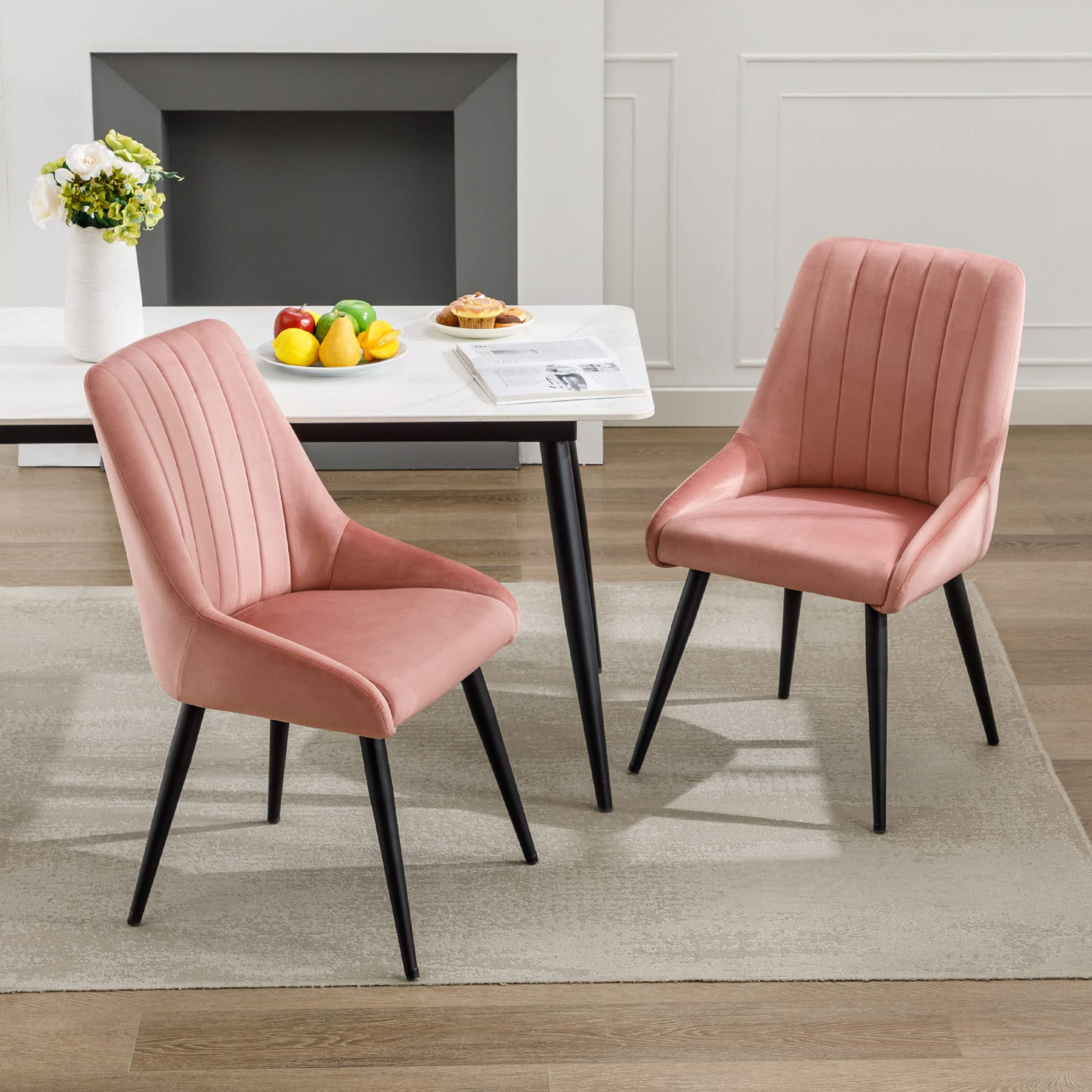 DUHOME Set of 2 Mid Century Modern Velvet Dining Chairs - Upholstered Tufted Armless Accent Chairs with High Back, Pink - Perfect for Dining Room, Living Room, Bedroom & Home Office Decor