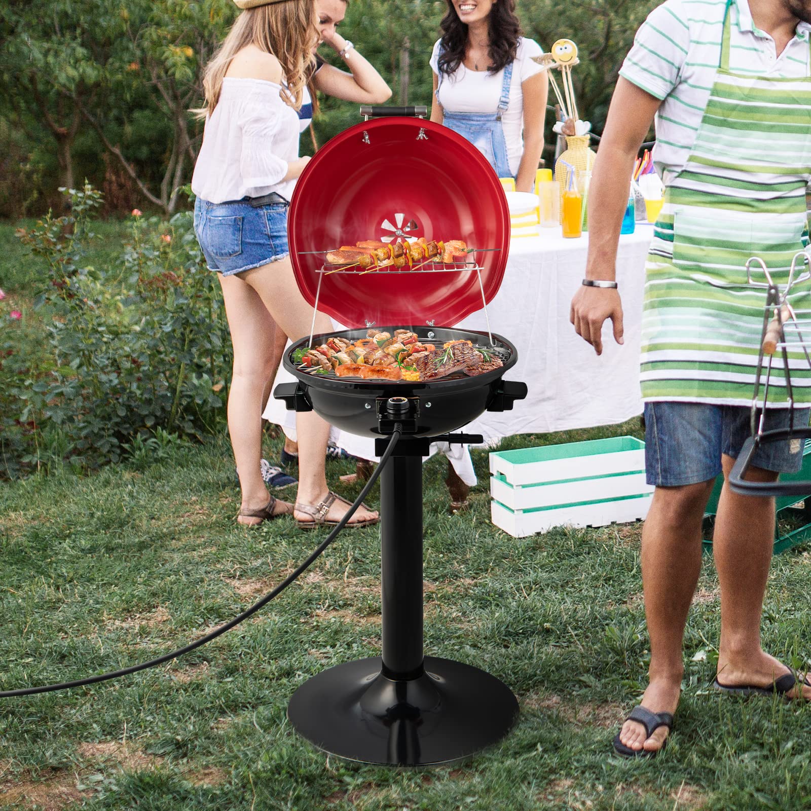HAPPYGRILL 1600W Electric Outdoor BBQ Grill with Warming Rack - Portable Stand Grill for 15 People - Perfect for Backyard, Camping, and Picnic Parties