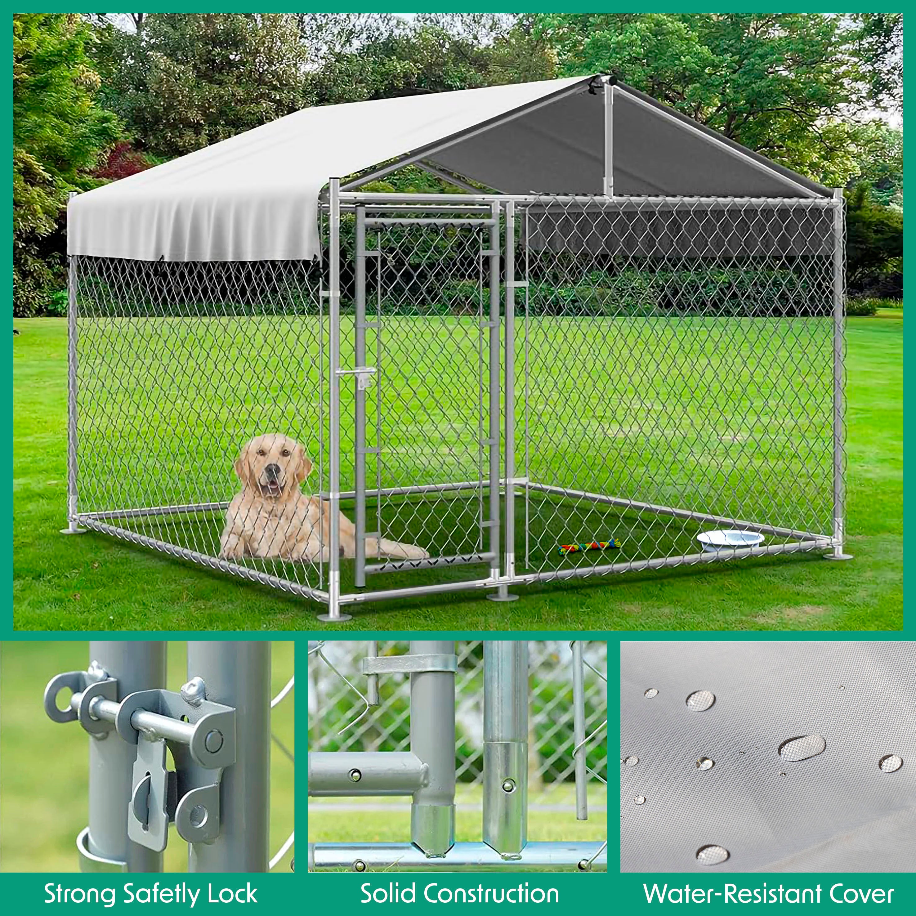 Heavy Duty Galvanized Steel Dog Kennel with Waterproof Roof Cover & Secure Chain Link Fencing - 6.5x6.5x5ft (2x2x1.5m) Outdoor Dog Cage - Perfect for Backyard, Garden, or Kennel Use - Model DG281