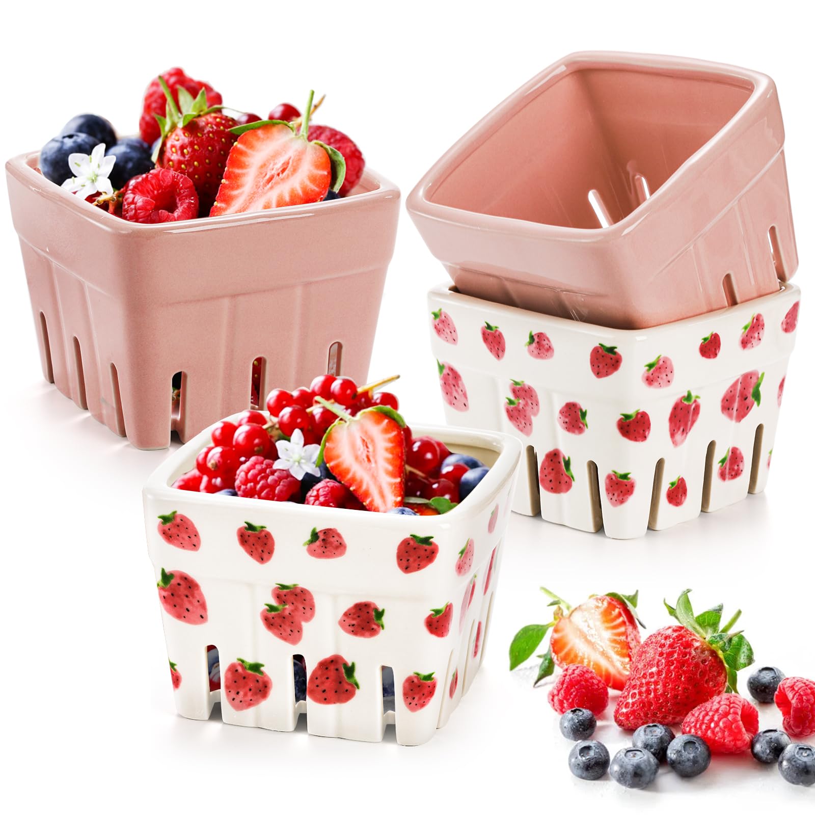 4 Pack Ceramic Berry Basket - Square Fruit Bowls for Strawberries, Veggies & Fruits | Kawaii Rustic Stoneware Colander Bins | Farmhouse Kitchen Decor & Fruit Display Bowls for Dining Table, Countertop, Pantry Organization