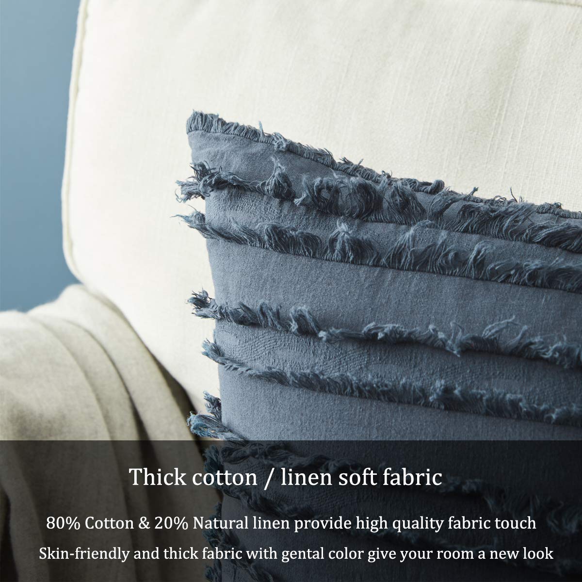 GIGIZAZA 24x24 Decorative Throw Pillow Covers - Grey Blue Square Cotton Couch Pillow Covers for Sofa, Boho Home Decor | Perfect for Living Room, Bedroom & Outdoor Furniture