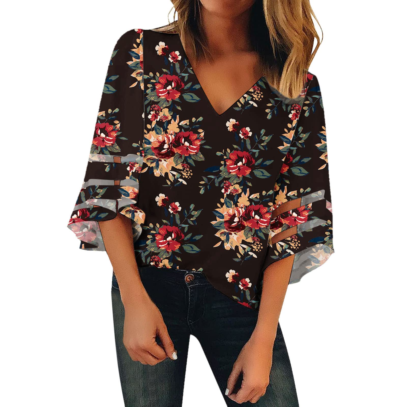 Women's Flare Sleeve Blouses 2022 | Casual Short Sleeve V-Neck Floral Print Tops for Ladies | Perfect for Office, Dating & Summer Outfits