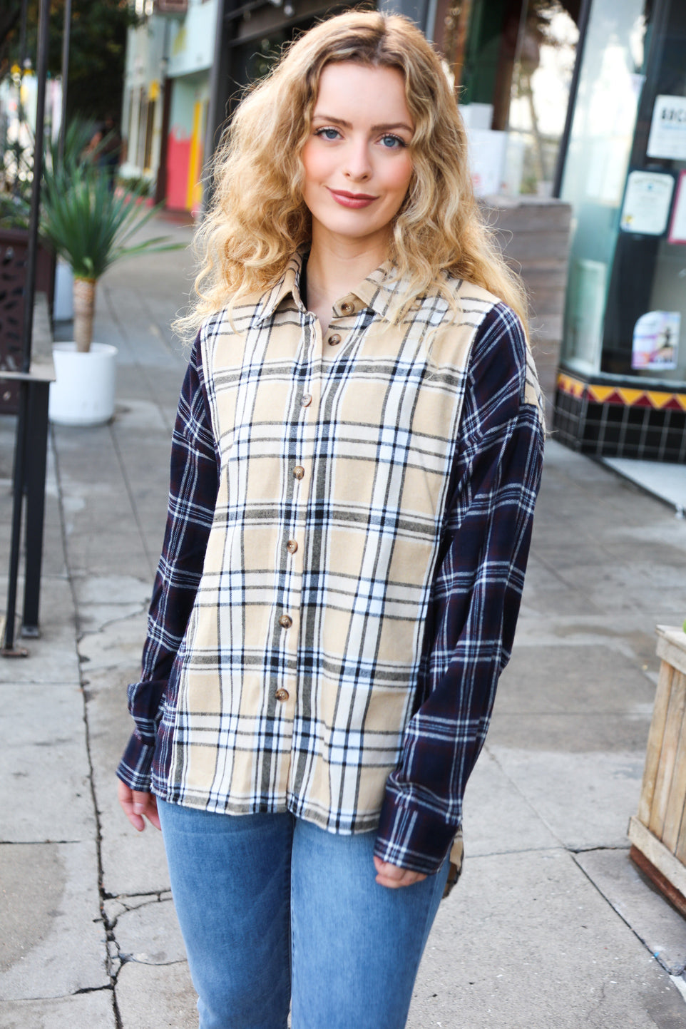 Navy & Beige Cotton Plaid Hi-Lo Shirt Top for Women - Casual Long Sleeve Tunic Blouse - Perfect for Fall Outfits, Layering and Everyday Wear