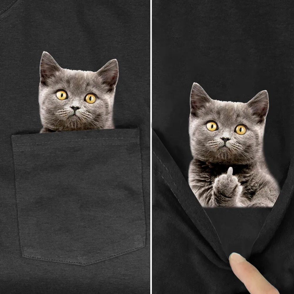 Funny Animal Print T-Shirt - Cat Stickers & Pocket Design - Men's & Women's Fashion Cotton Tee for Summer | Casual Wear, Hip Hop Style, Gift Idea
