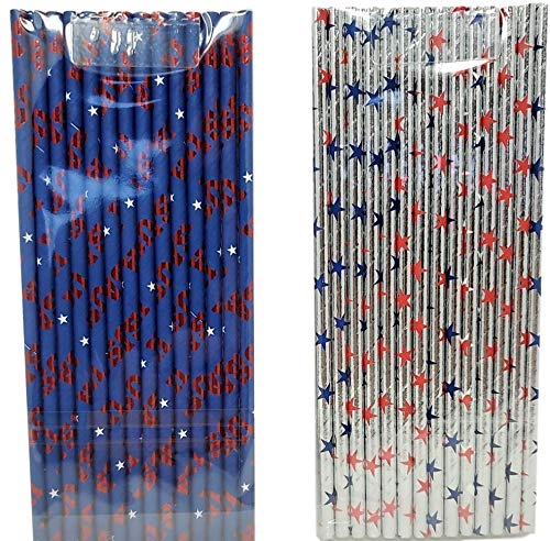 Red White & Blue Patriotic Paper Straws 14 Count - 2 Pack for 4th of July Party, Memorial Day, BBQ & Summer Celebrations