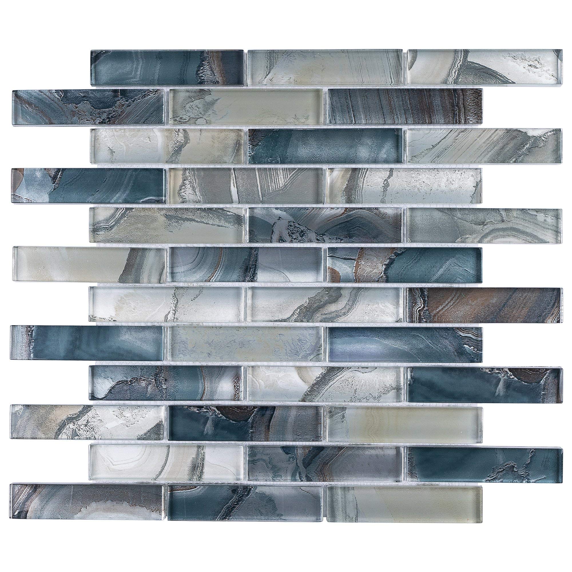 TOCSG-01 1x4 Swirl Blue Glass Mosaic Tile Backsplash (10 Sheets) - Waterproof Kitchen & Bathroom Wall Tile for Stunning Backsplash, Shower, and Fireplace Designs