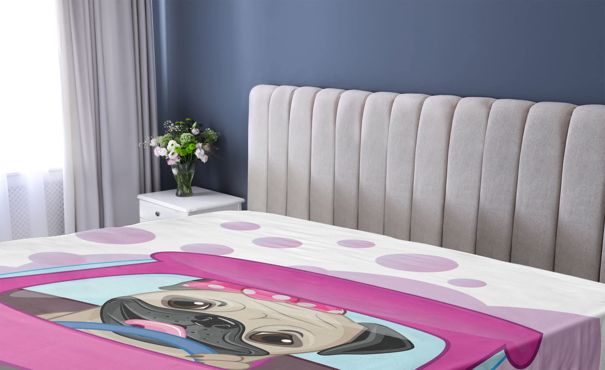 Ambesonne Pug Fitted Sheet - Twin XL, Pink Yellow Dog Print for Bedroom Decor
