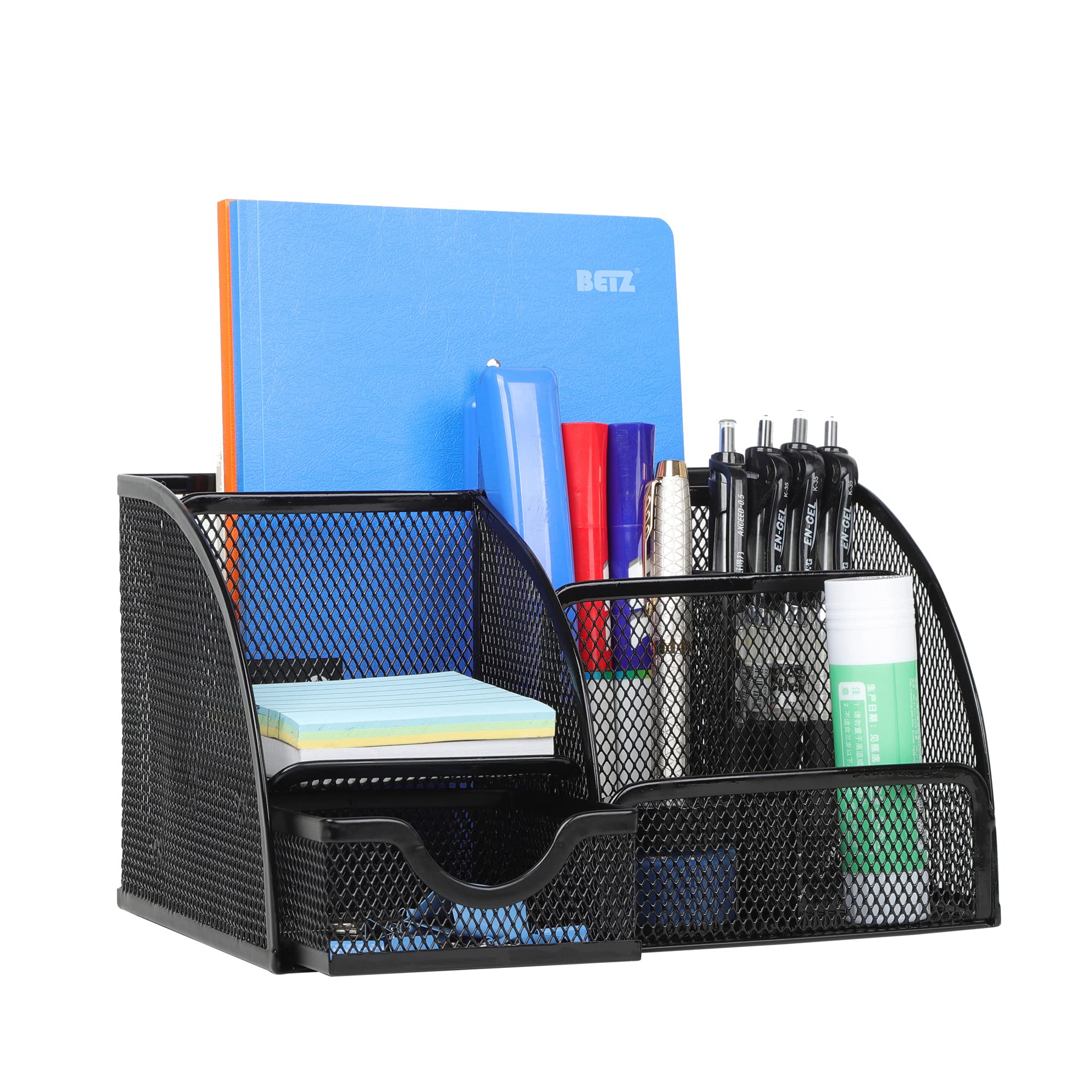 Beiz Desk Organizer with Storage Drawer & 6 Compartments - Pen Holder, Sticky Note Tray & Accessories Organizer for Office, Home & Dorm Room - Black | Perfect for Organizing Stationery, Notes & Office Supplies on Your Workspace