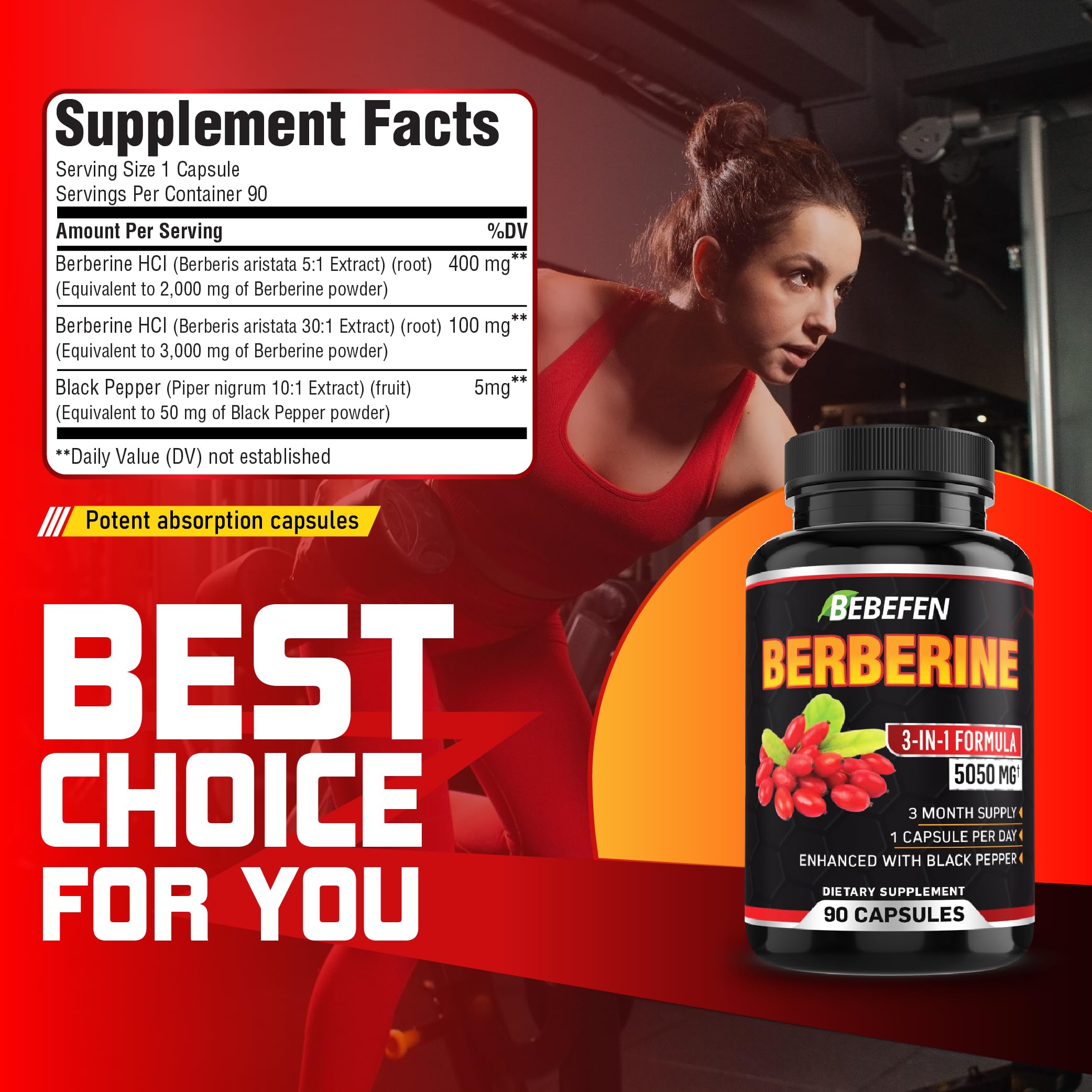 BEBEFEN Berberine Capsules with Black Pepper Extract - 90 Count (3 Month Supply) - Natural Blood Sugar Support Supplement for Digestive & Metabolic Health - Perfect for Daily Wellness Routine & Diabetes Management