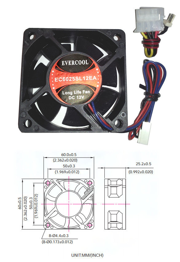 Evercool 60x60x25mm 12V DC Low Noise Cooling Fan with 3-Pin Connector - Perfect for PC Case, Electronics Cooling, and DIY Projects