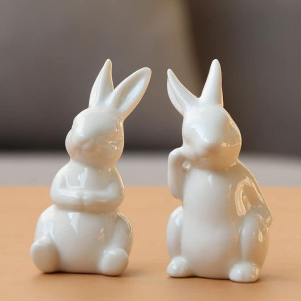 2pcs White Ceramic Easter Bunny Figurines - Cute Rabbit Statues for Home Decor, Easter Party Favors, Table Centerpiece, Gift for Lovers | Perfect for Spring Decor, Easter Crafts & Holiday Dining Table Ornaments