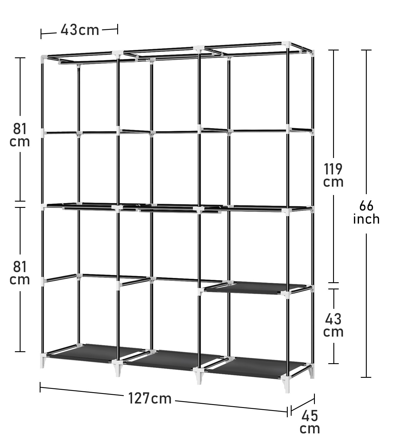 Portable Closet 50 Inch Wardrobe Organizer with 5 Hanging Rods & Black Non-Woven Fabric Cover - Easy Assembly for Bedroom, Closet, Dorm, or Travel Storage
