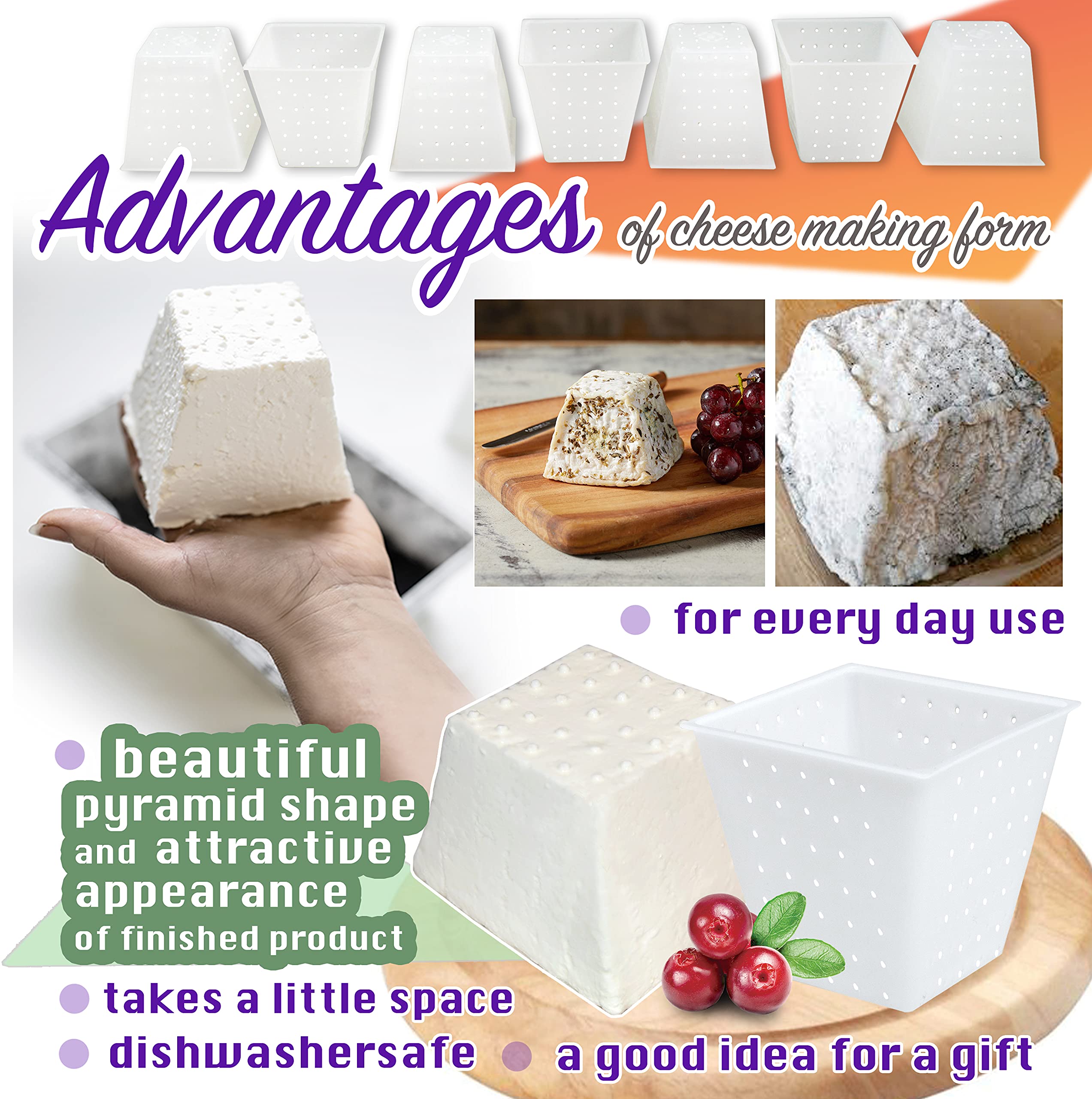 7-Piece Small Cheese Mold Pyramid Set (0.45QT) - Food-Grade Soft Cheese Molds for Homemade Feta, Cream Cheese & Fresh Cheese Making - DIY Cheese Making Supplies & Tools - Perfect for Artisan Cheesemaking, Home Kitchens & Gifts