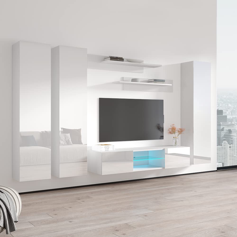 Modern Floating TV Stand with Storage & LED Lights - Wall-Mounted Entertainment Center for Bedroom & Living Room - White TV Console with Shelves - Perfect for Small Spaces & Home Theater Setup