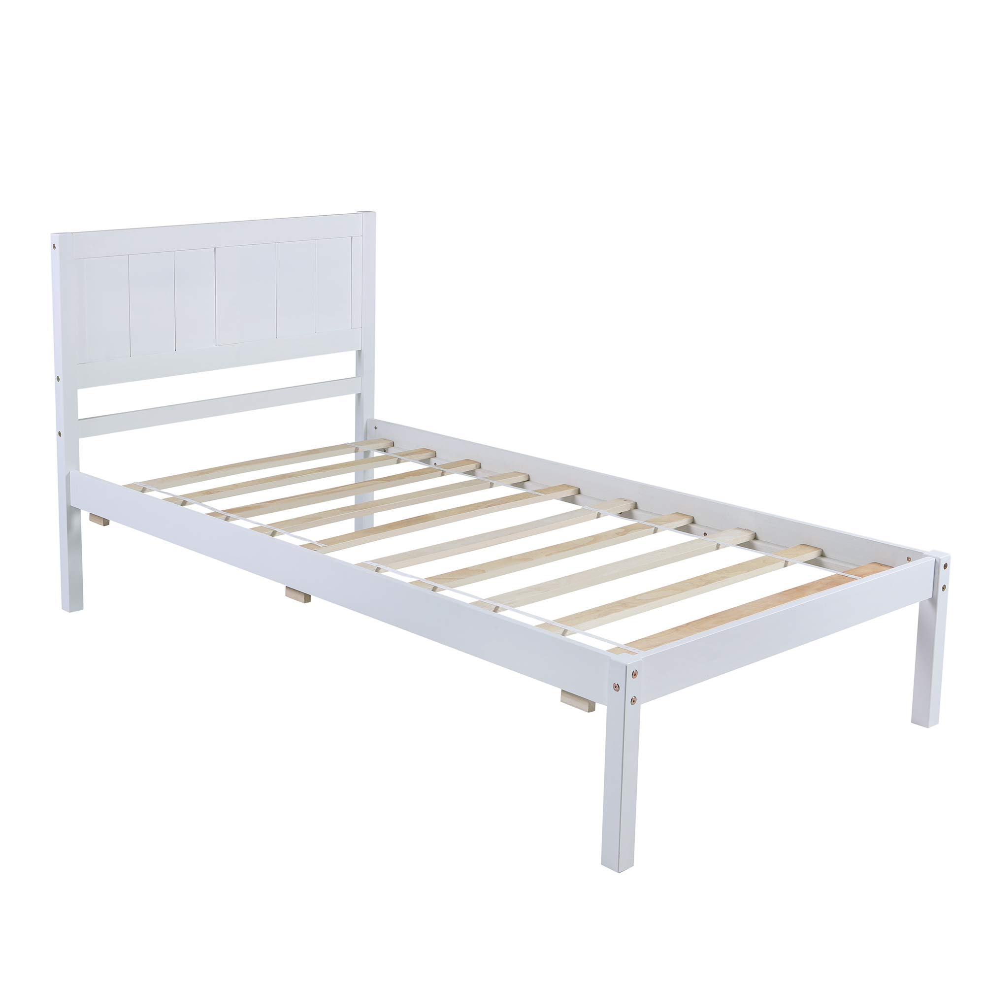 Rhomtree Solid Wood Twin Bed Frame with Headboard - No Box Spring Needed, White Platform Bed for Kids | Perfect for Small Bedrooms, Guest Rooms & Dormitories