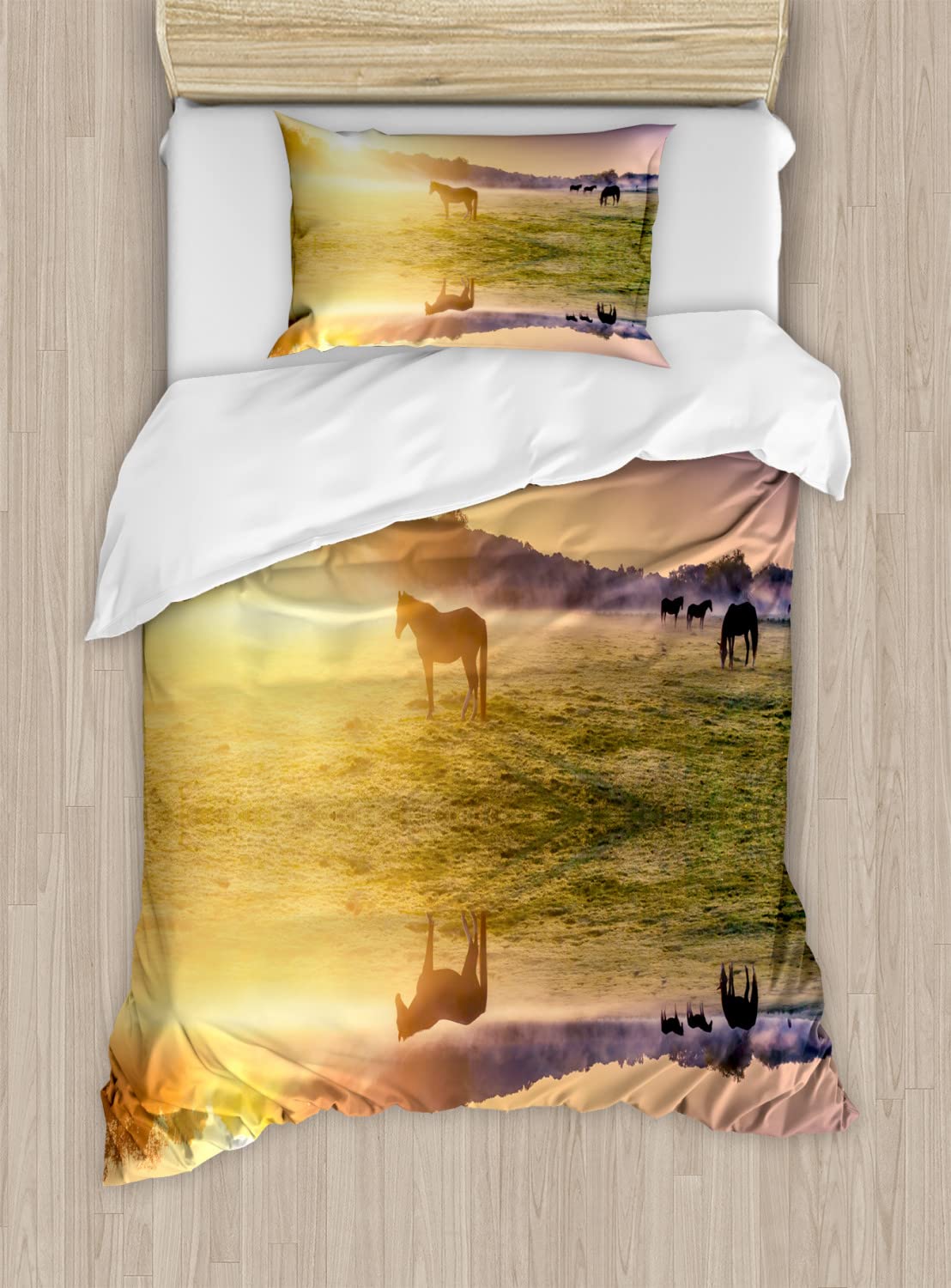 Ambesonne Nature Duvet Cover Set - King Size 2-Pack with Horse Valley Lake Reflection & Sunrise Mountain Print, Includes 2 Duvet Covers & 4 Pillowcases in Pale Yellow | Perfect for Bedroom Decor, Guest Rooms & Cozy Cabin Retreats