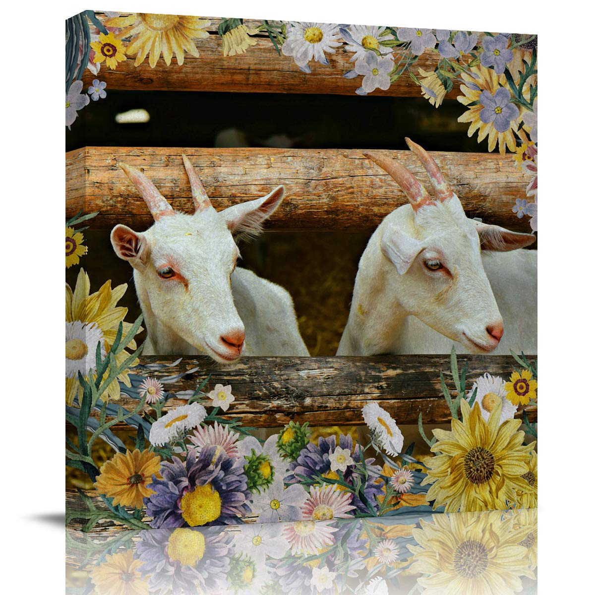 Farmhouse Goat Canvas Wall Art - 28x28 Inch Rustic Wooden Fence Sunflower Painting for Living Room, Office & Home Decor | Ready to Hang Wall Decor Pictures | Perfect for Country Style, Modern Farmhouse & Rustic Interior Design