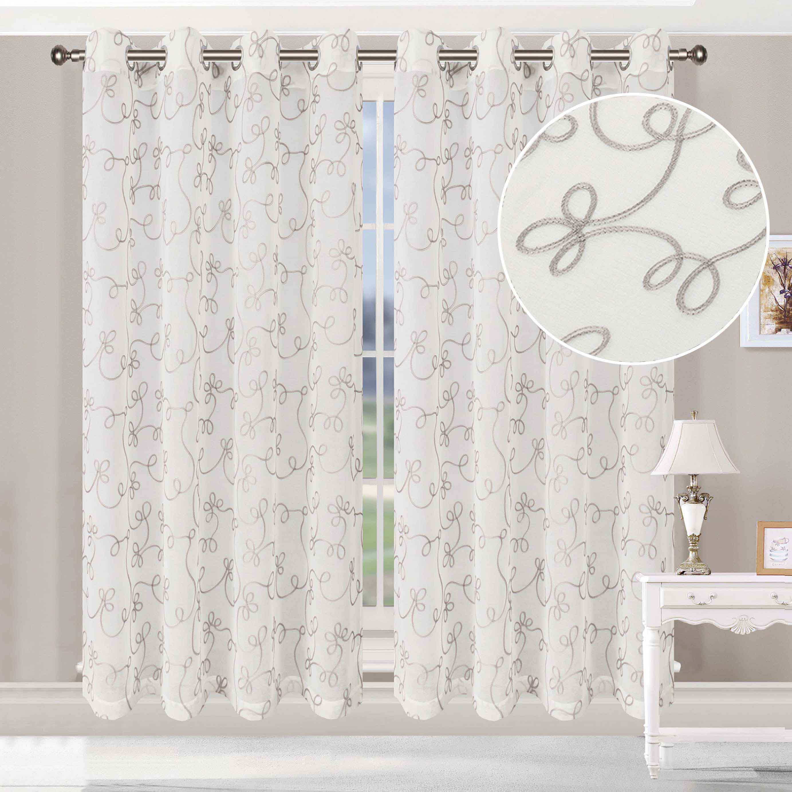 Embroidered Lightweight Sheer Floral Scroll Curtain Panel Set - Elegant Window Treatment for Living Room, Bedroom & Nursery Decor