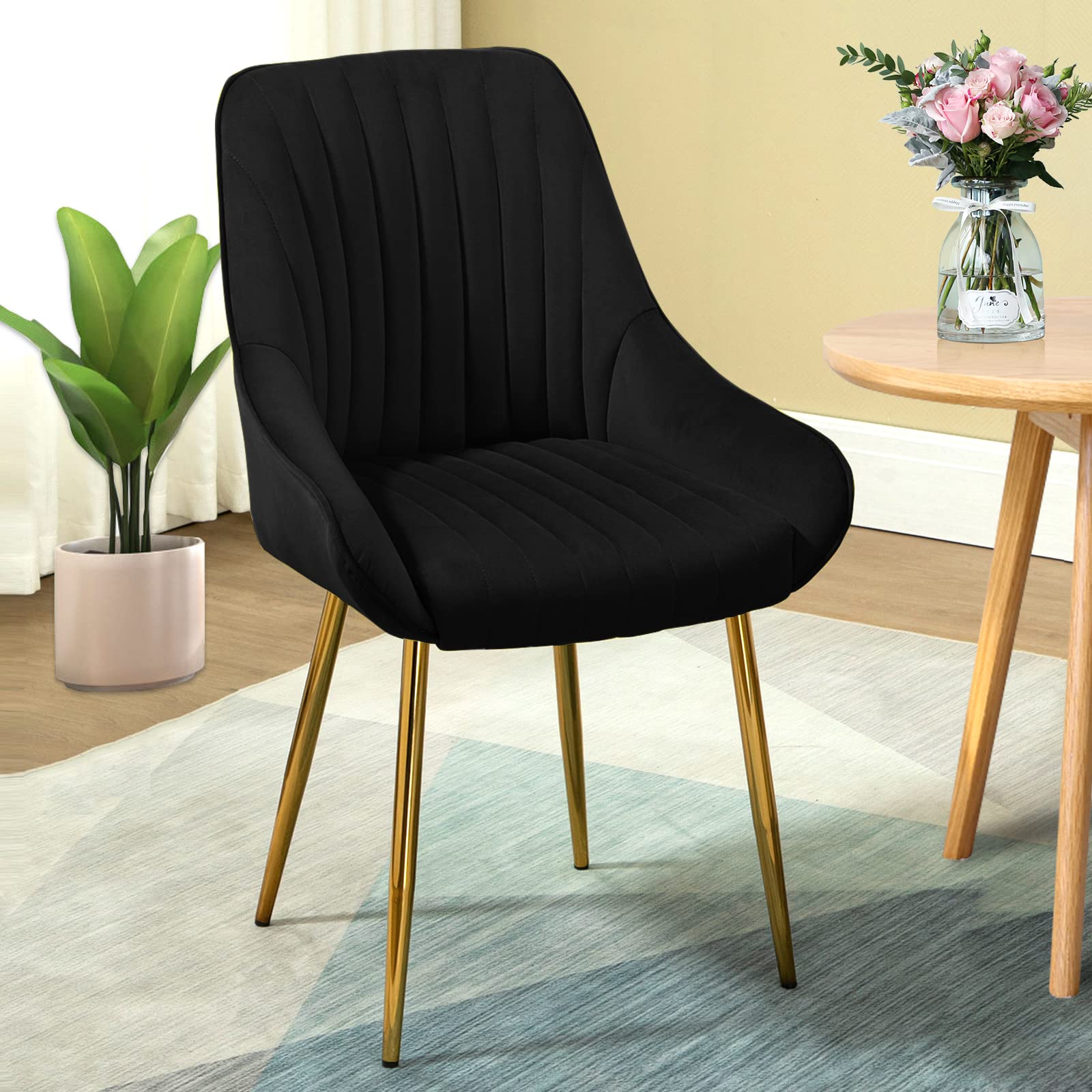 LETESA Velvet Dining Chairs - Modern Upholstered Accent Chairs with Gold Metal Legs for Dining Room, Kitchen & Living Room - Soft Performance Fabric Side Chairs for Home Decor & Vanity (Black) | Perfect for Entertaining, Breakfast Nooks & Bedroom Seating
