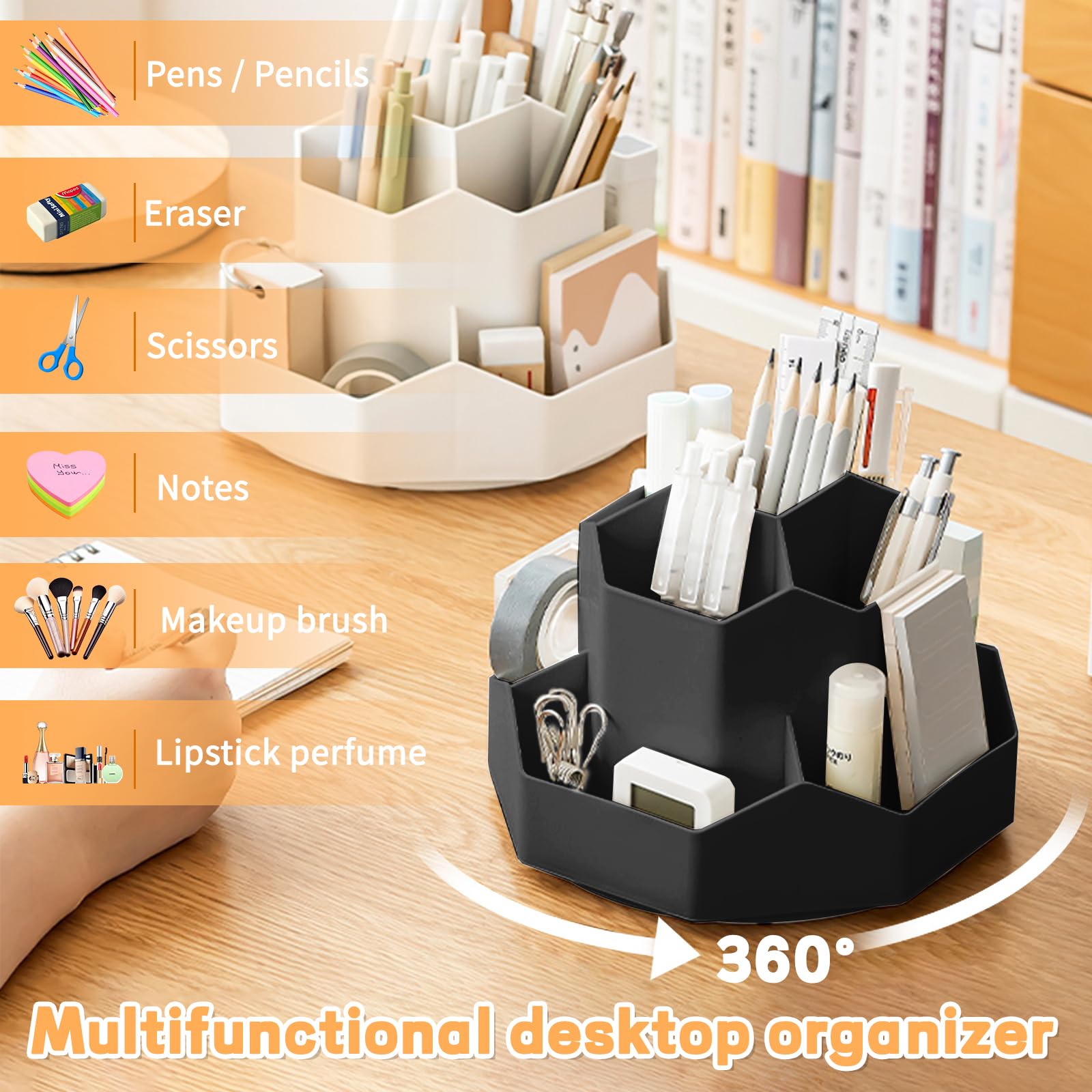 360° Rotating 9-Slot Pencil Pen Holder for Desk - Black Office & School Organizer for Stationery Supplies | Perfect for Home, Office, and Classroom Use