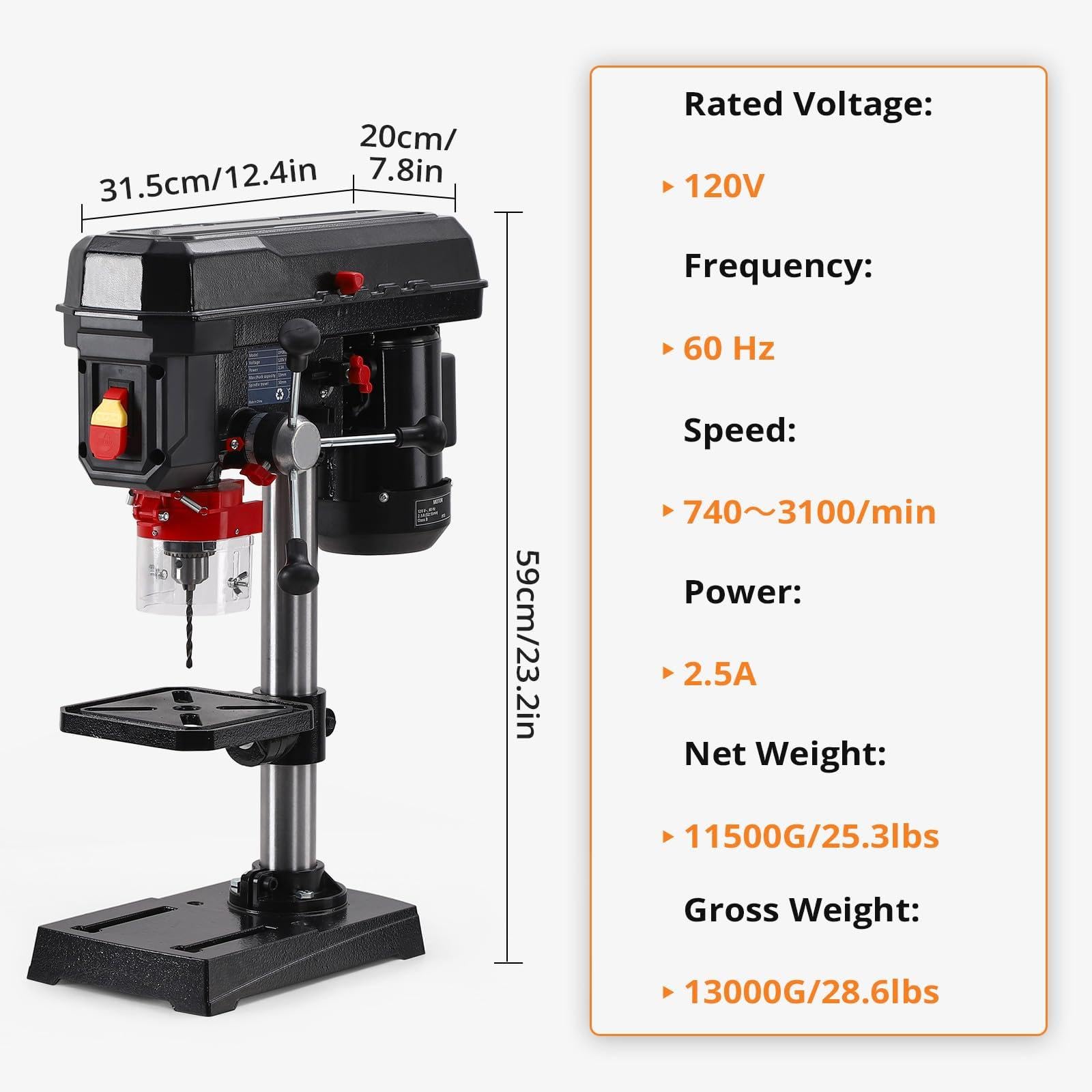 TROPOW 8 Inch Benchtop Drill Press - 2.5Amp 5-Speed Adjustable Drill Machine with 0-45° Tilting Swing for Wood & Metal Drilling | User-Friendly Controls for DIY Projects, Home Workshops & Professional Woodworking