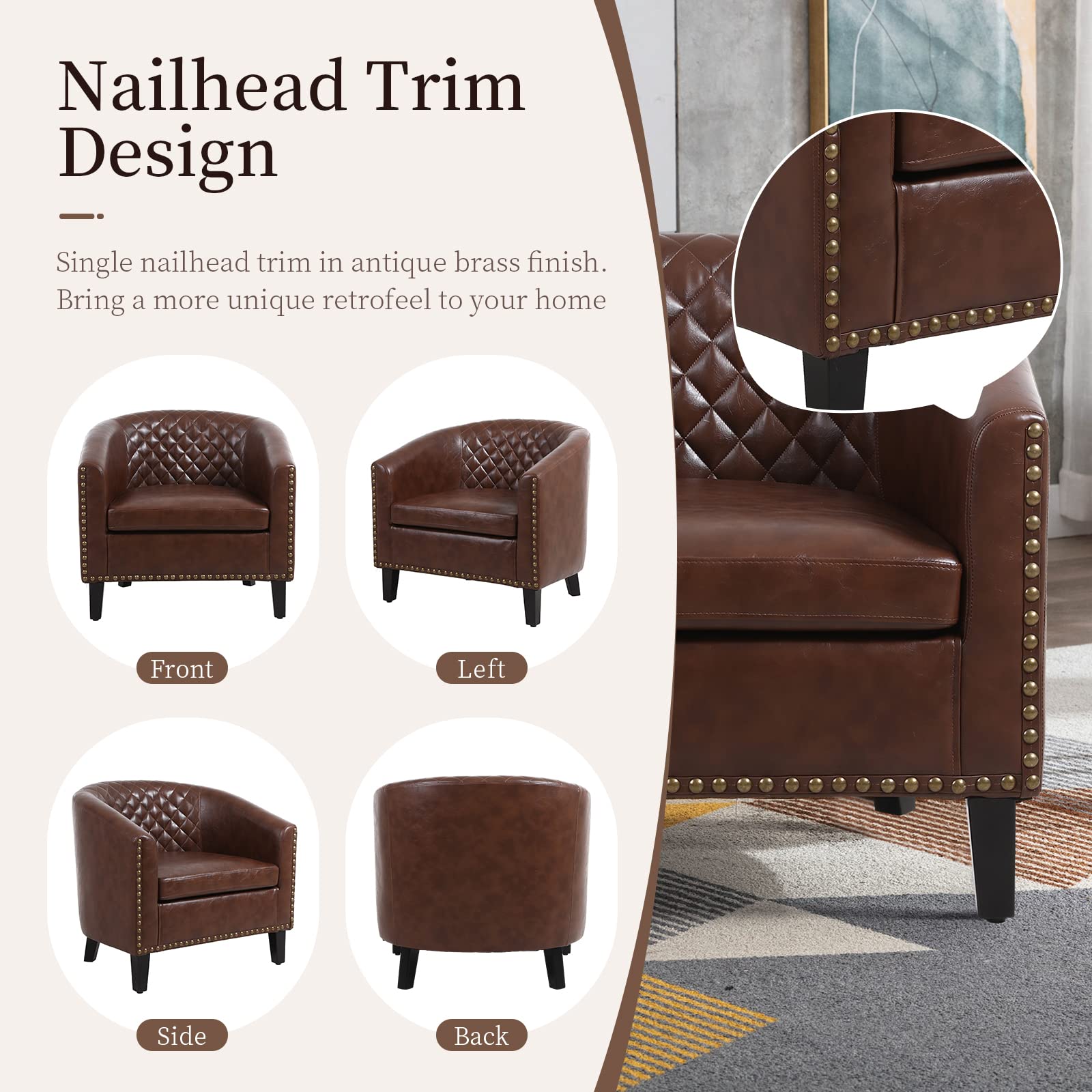 LETESA Barrel Accent Chair - Faux Leather Upholstered Club Chair with Nailhead Trim & Rubber Wood Legs, Diamond Tufted Bucket Seat for Living Room, Bedroom, Office - Brown Home Decor Furniture for Relaxing & Stylish Seating