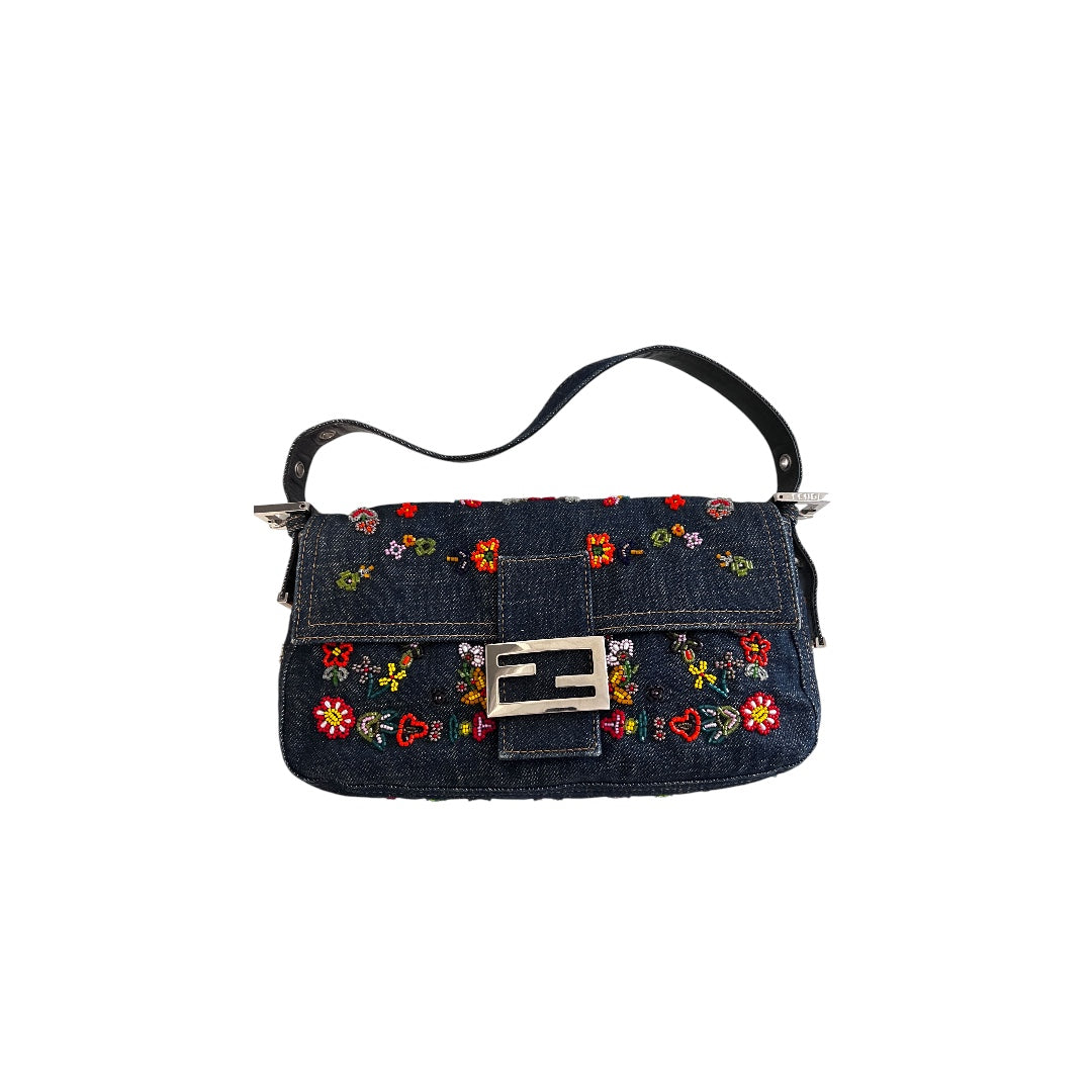 Fendi 15th Anniversary Limited Edition Denim Floral Beaded Baguette Handbag - Perfect for Parties, Weddings & Special Occasions
