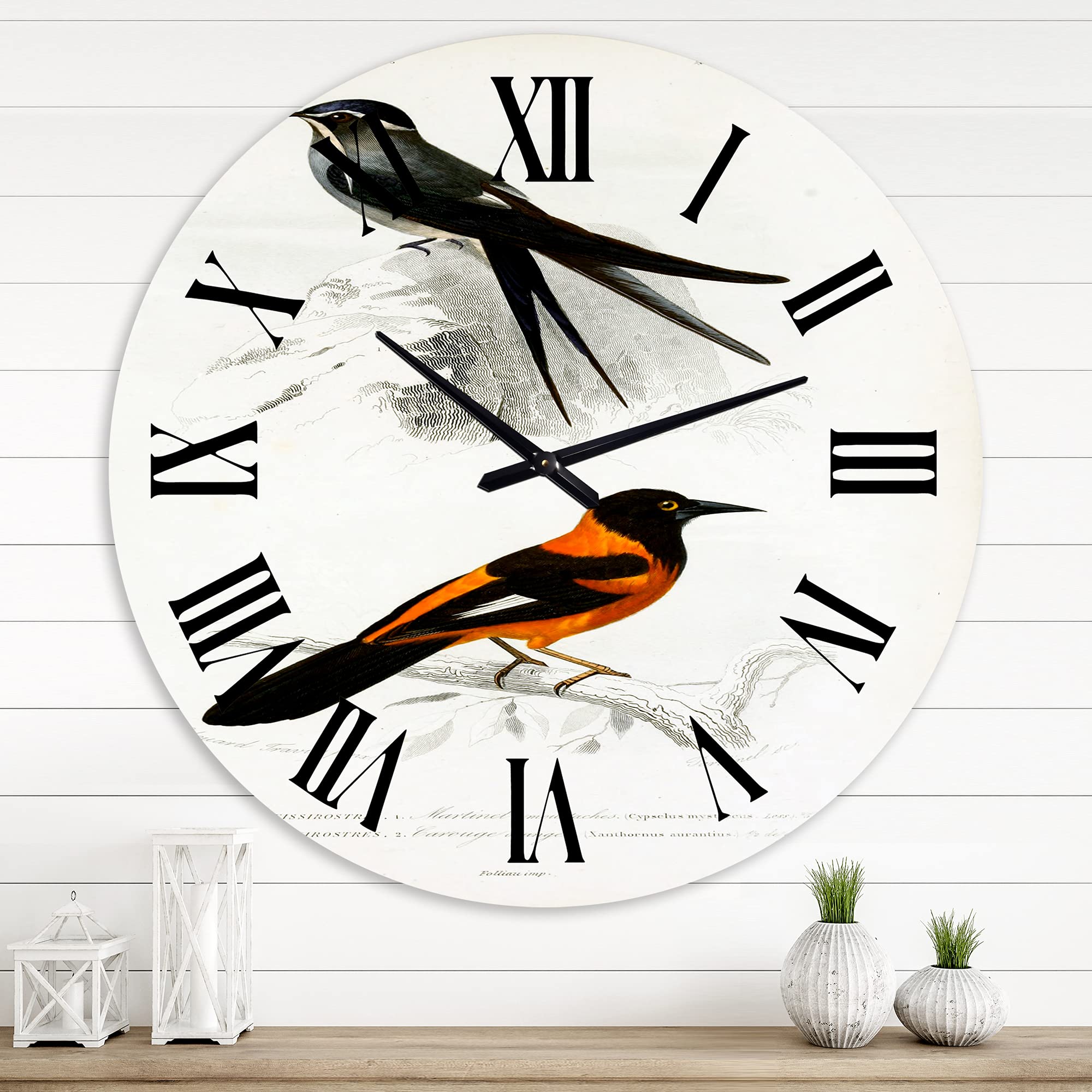 Vintage Bird II Traditional Wall Clock - Large Landscape & Nature Decor for Living Room, Bedroom, Office | Silent Non-Ticking, Roman Numerals, Rustic Home Décor