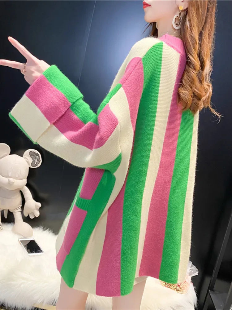 Women's Striped Knit Cardigan Sweater Coat - Loose Long Sleeve Top for Autumn Winter 2024 | Cozy Fall Layering Piece, Office Wear & Casual Outfit Essential