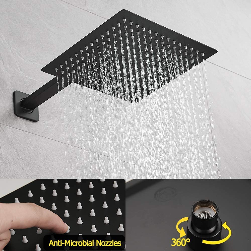 Premium Matte Black Rain Shower System - 12 Inch Square Rainfall Shower Head with Handheld Sprayer, Tub Spout & Rough-in Valve Shower Mixer Combo for Bathroom & Tub Shower Faucet Set - Perfect for Modern Home Spa Experience