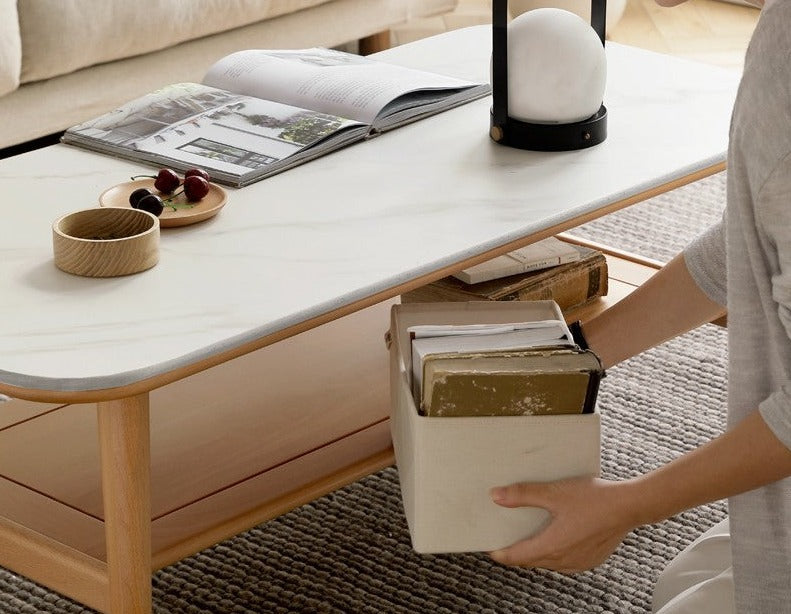 Solid Oak Wood Slate Coffee Table - Rustic Modern Living Room Furniture for Home Decor & Relaxation