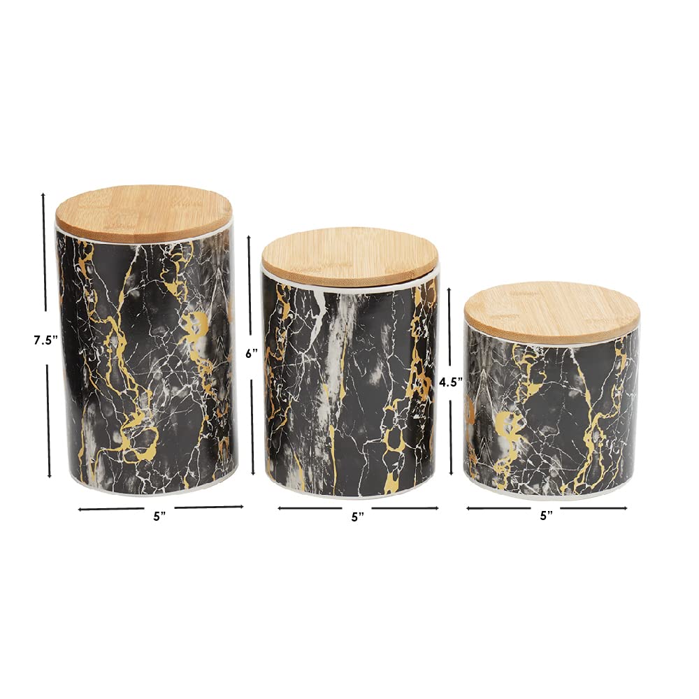 Premium Black Marble 3-Piece Kitchen Canister Set with Bamboo Lids - Airtight Food Storage Containers for Flour, Sugar, Coffee, Tea, Snacks & Baking Ingredients | Modern Pantry Organization for Countertop, Kitchen & Dining Room Decor