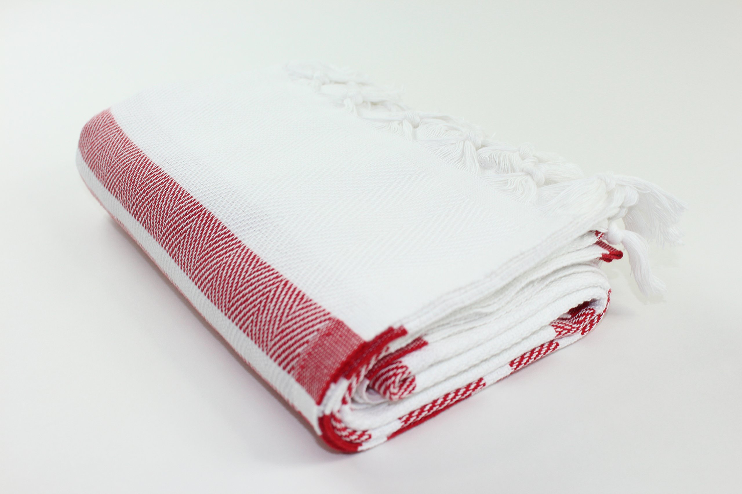 Premium Herringbone Turkish Towel Peshtemal - 100% Authentic Turkish Cotton for Bath, Beach, Pool & Spa - White & Red - Perfect for Travel, Yoga & Hammam